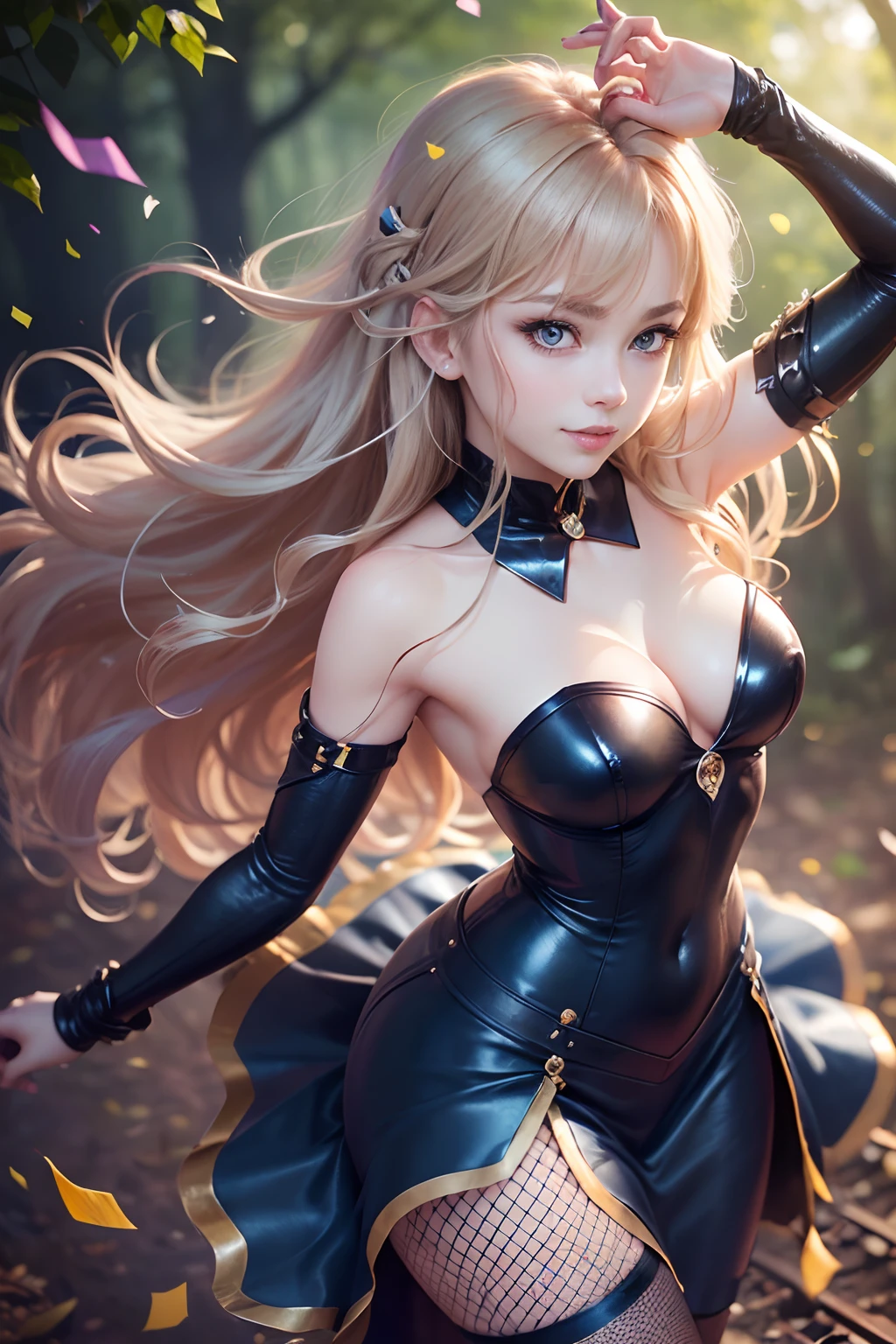 ((16ｋ,Raw photography,top-quality,hight resolution,Ray tracing,PBR Texture,Post-processing,)),(((Blue leather bondage long skirt , Cute Japan anime girl,Violet Evergarden,Violet,Long wavy blonde hair,Emphasize cleavage,bare hand,Thin leg,blue eyess,Elaborate fingers,Elaborate limbs,Limbs are２Boken,)))(finerly detailed face:1.4),(​masterpiece:1.4),(top-quality:1.4), Beautiful fine skin,(cute little:1.5),(Complex fishnet stockings),pin heels,Leather luster 3.0,Beautiful skin,(Dark blue tight skirt),((tthin eyebrows,long eyelashes,smil,二重まぶた,)),No title required,Do not wear anything on your shoulders,i nasty figure, From  above,Staring from the front,Create beautiful light effects on the background、Create a confetti effect on the background,Girl fighting in the forest,(finerly detailed face:1.4),(​masterpiece:1.4),(top-quality:1.4), Beautiful fine skin,(cute little:1.5),(Complex fishnet stockings),pin heels,Leather luster 3.0,Beautiful skin,(Dark Red Bodycon),((tthin eyebrows,long eyelashes,smil,二重まぶた,)),No title required,Do not wear anything on your shoulders,i nasty figure, From  above,Staring from the front,Create beautiful light effects on the background、Create a confetti effect on the background,Take the train