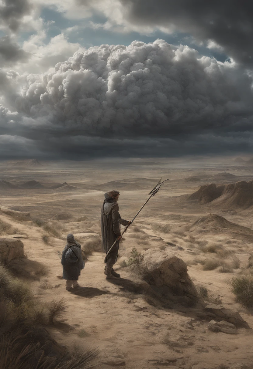 (Masterpiece, intricate detail, liminal), A flat landscape, covered in 2D clouds, in a box, mysterious figure in distance,(figure is holding a large shadow spear)