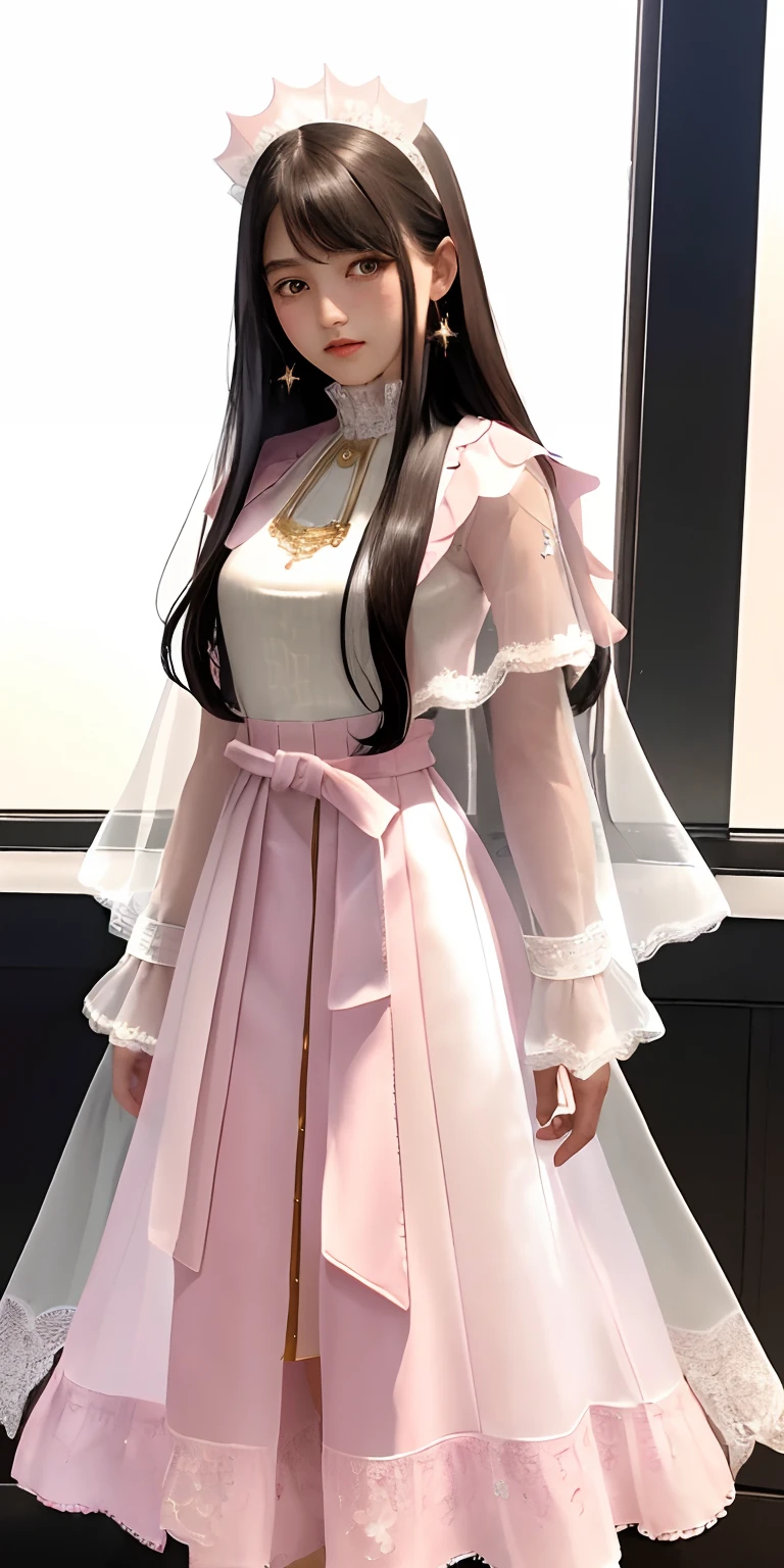 A 17 years old girl, super Long, flowing black hair.
• Gentle facial features with a hint of mystery and confusion in her eyes.
Wearing a (light pink:1.3) and pale white dress, which incorporates subtle gold or silver details.
The dress combines elements of both a pleated skirt and a flat skirt: the center portion of the dress is flat, while the sides have gentle pleats.
She has ((light pink:1.3) Mary Jane shoes) paired with (white lace-trimmed socks)).
Slightly tightened puff sleeves that reflect her calm and reserved nature.
A simple belt around her waist, holding a few small magical tools.
(A translucent, gauzy shawl:1.3)
Simple star-shaped earrings.
Her medieval dress is embroidered with magical symbols or runes.
• Despite her strong magical powers, her overall appearance exudes a sense of understated elegance and gentleness.