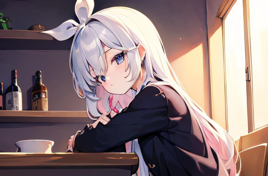 ((masutepiece)), ((Best Quality)), (Ultra-detailed), Anime style, a bar counter, Cut girl s, 1girl in, Solo, Suits 00, ((Beautiful eyes))0, Smile