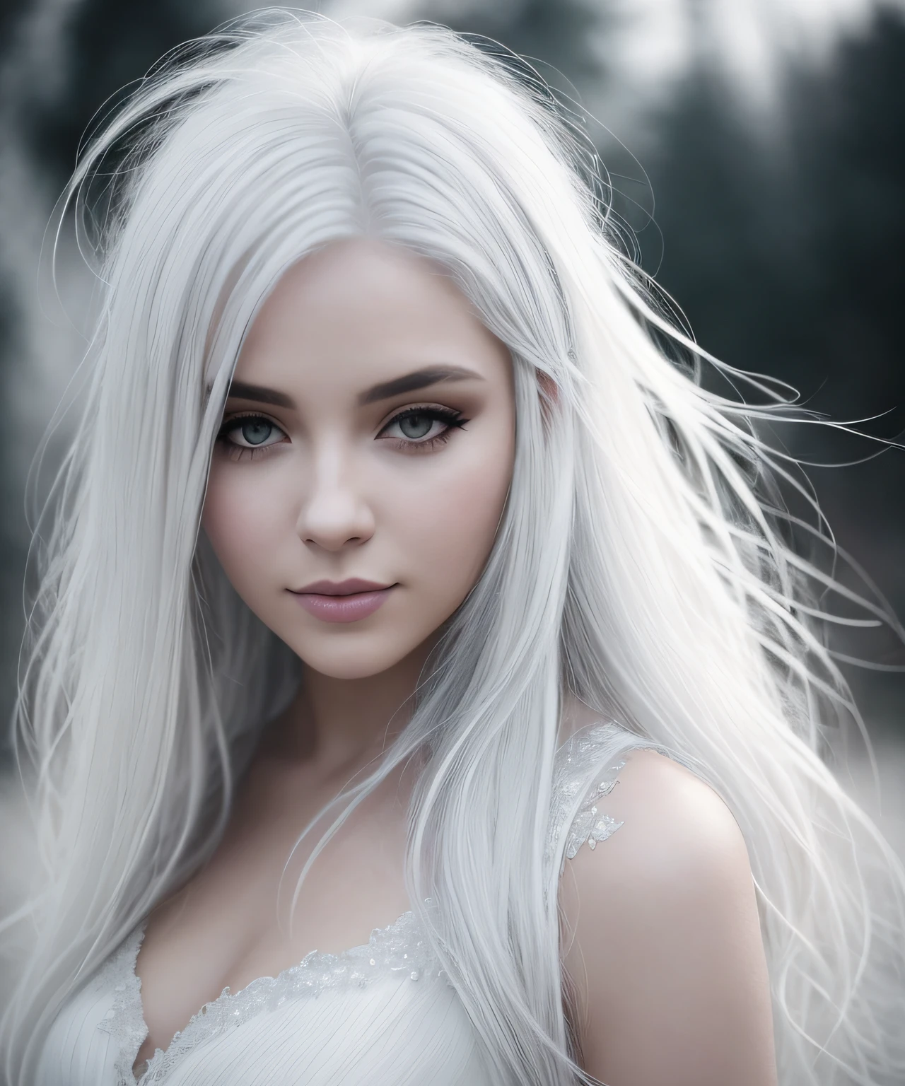 Una mujer con cabello blanco y con un vestido blanco posando para una foto, una chica con cabello plateado, cabello blanco hermoso, una dama de cabello gris, una chica con cabello gris, con cabello gris, color de cabello blanco, chica de cabello gris perfecto, una chica con cabello plateado, cabello blanco, vestido blanco! canas, canas, canas, cabello blanco profundo, cabello blanco plateado, cabello blanco rizado, atmosphric perspective, bokeh, 85mm, cinematography lighting, desenfoque de movimiento, profundidad de campo, cinematography lighting, desenfoque de movimiento, gothic art, realismo, profundidad de campo, cinematography lighting, 8k, Anatomically correct, piel texturizada, Super detail, obra maestra, Anatomically correct, piel texturizada, galardonado, 8k, CUERPO COMPLETO HASTA LA CINTURA
