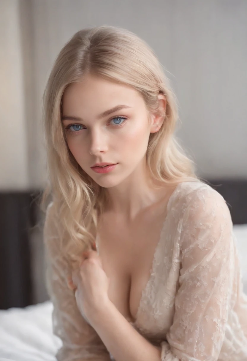 woman fully , sexy girl with blue eyes, ultra realistic, meticulously detailed, portrait sophie mudd, blonde hair and large eyes, selfie of a young woman, bedroom eyes, violet myers, without makeup, natural makeup, looking directly at the camera, face with artgram, subtle makeup, stunning full body naked   shot kneeling on bed, in bedroom