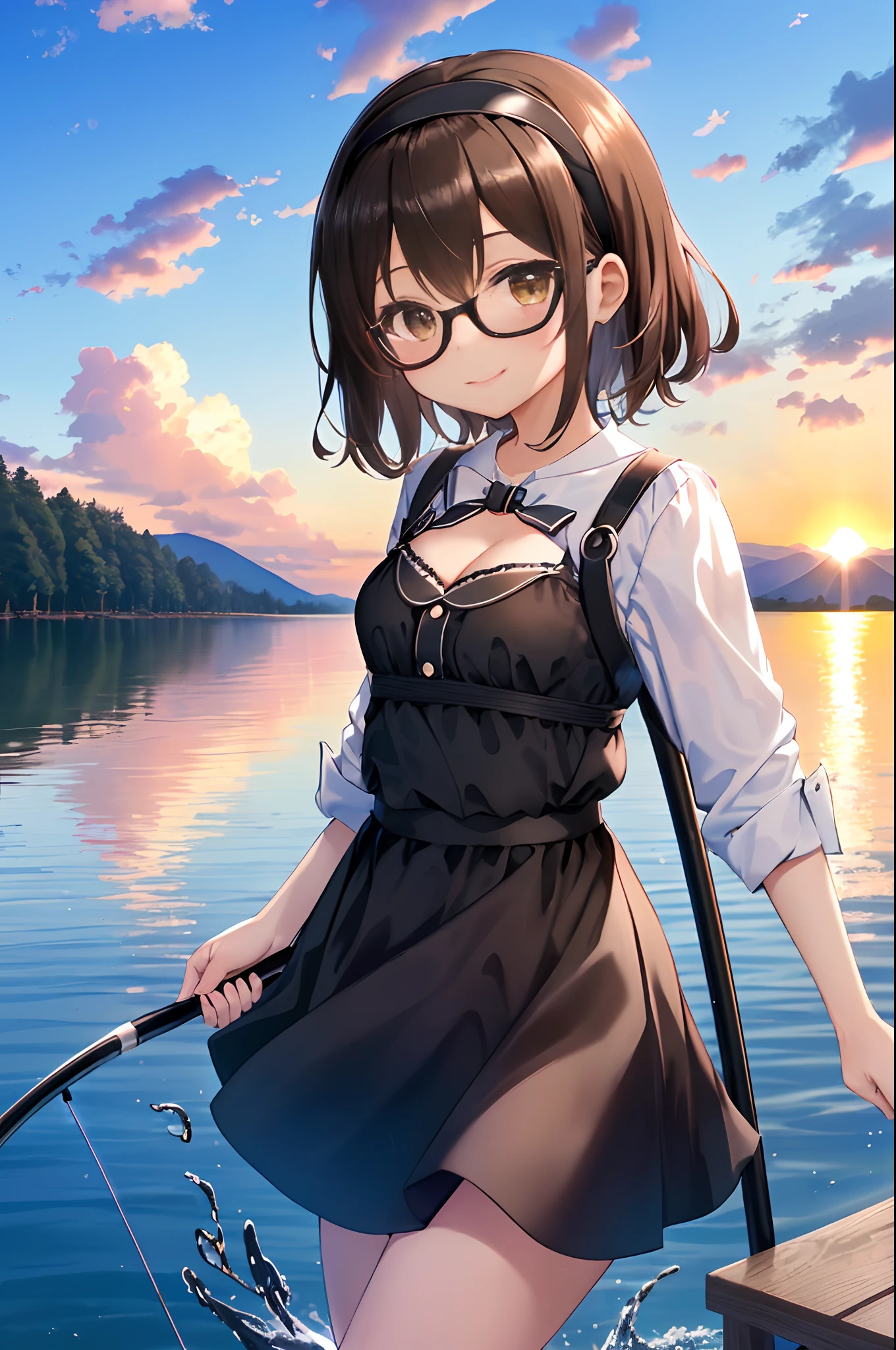 (masutepiece, Best Quality, Capture super cute moments, depth of fields, ultra-detailliert, Ultra High Resolution, C4D, Octadale, 3D Modeling, 8K, 16 K, one girls,a junior high school student, small tits,A dark-haired,short-hair,straight haired,Light brown eyes, horseshoe-shaped hairband,wearing black glasses,Cute face), tmasterpiece,best qualtiy,cinematic Film still frommtu,clouds,closeup cleavage,brightly,cheerfulness,Warm and soft lighting,the sunset,fishing pole,Lake surface,The fish(spark of light:0.7)