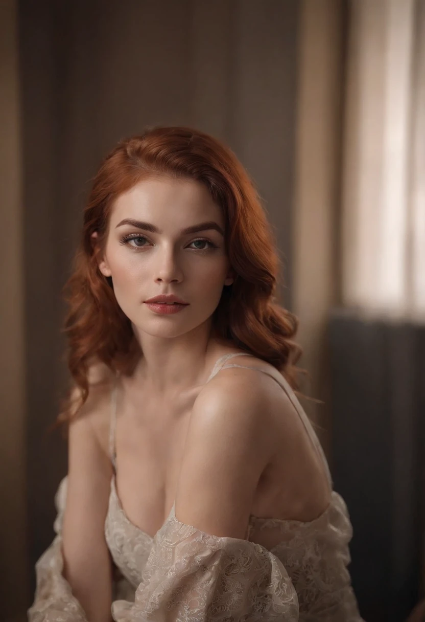 mulher ruiva,tatuada, pelada,em um quarto