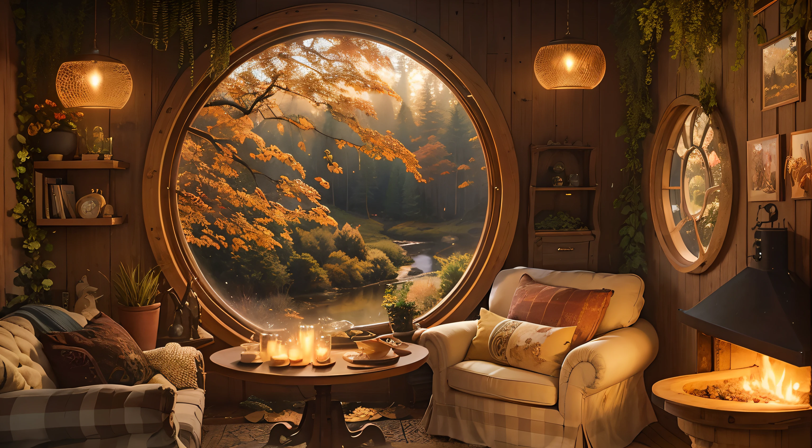 there is a living room with a large window and a couch, cosy enchanted scene, cozy place, cozy living room background, cozy home background, cozy and peaceful atmosphere, thomas kinkade. forest room, relaxing environment, warm beautiful scene, cozy environment, soothing and cozy landscape, cozy setting, cozy atmospheric, all in the amazing outdoors view, large round window, cozy atmosphere