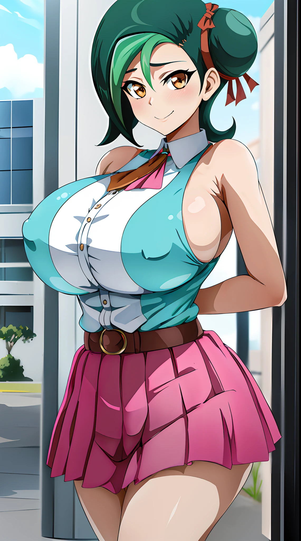 masterpiece, best quality, highres, hmkotori, short hair, multicolored hair, single hair bun, hair ribbon, sleeveless shirt, pink skirt, pleated skirt, small breasts, standing, cowboy shot, outdoors, smile, arms at sides, straight-on, huge breasts
