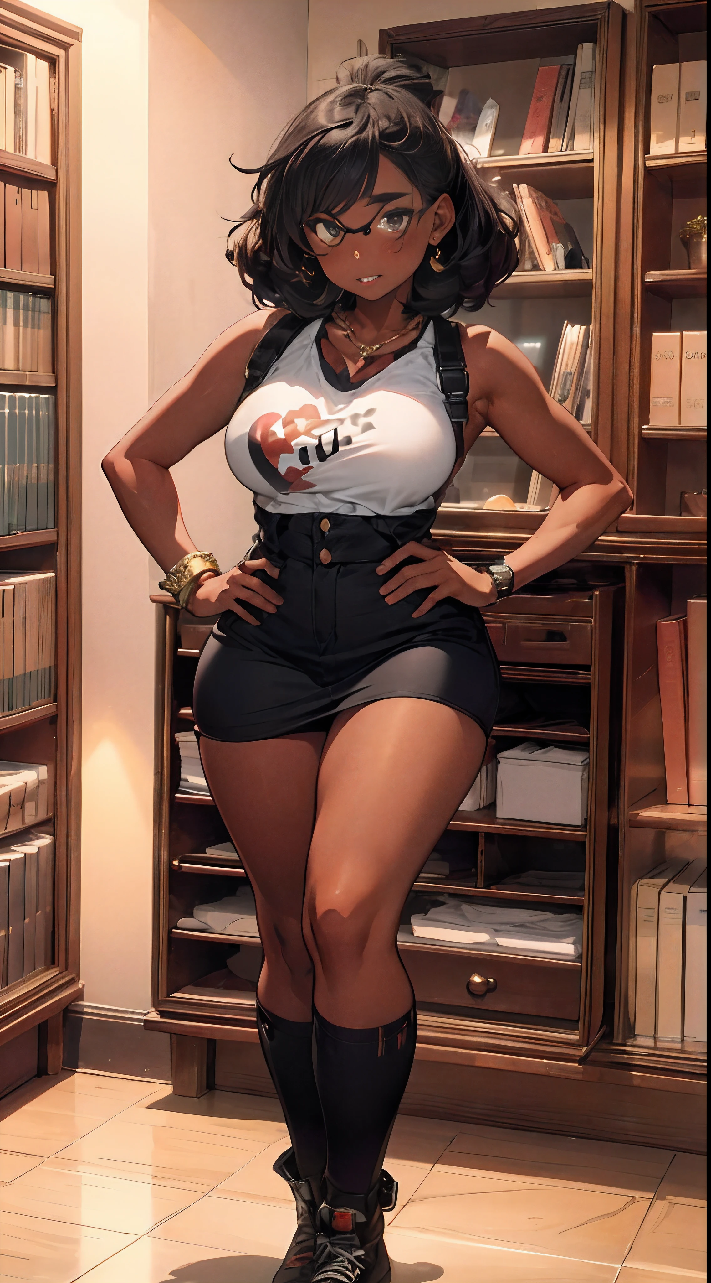 (((dark-skinned))), (bookworm, 25-year-old Mahagony-skinned,  darkskin statuesque oblong-shaped face,vivacious black eyes, prominently narrowed convex hooked nose, hourglass physique,thick, alluring, large breasts, large butt, heart hips, long, toned legs, messy pixie bun, glasses,  sweater dress, high definition, 96k, fullbody, risky, vivd,Graffiti graphic novel, digital masterpiece,) (sultry and strong,beautiful, toned, Golden Ratio physique ((mystifying Ultra Detailed Iris,))  Extremely Detailed Body and Wide Hips. The character should have intricately accurate facial and physical structure* intricately realistic expression and emotion* accurate colored complexion* accurate clothing design* complex hairstyles* and intricate character detail. Human realistic features) ::10  (, sensual energetic atomsphere, perfect prompt, perfect prose, Unreal Engine 5, Cinema, Ultra wide angle, Depth of field, Hyper detail, Fine details, Fabric texture, erotica,, Depth of field, Tilt blur, white balance, 64k , super resolution, megapixel, VR, single, good, ambient light, half light, backlight, natural light, incandescent light, optical fiber, dark light, cinematic light, studio light, soft light, ambient light, contrast light, beautiful light, accent light, general lighting, screen space general illumination, ray traced global illumination, optics, diffuse , Glow, Shadows, Rough, Glow, Raytraced Reflections, Clearance Reflections, Screen Space Reflections, Diffractive Gradation, Chromatic Aberration, GB ent Offset, Sweep Lines, Ray Tracing, Ambient Light Occlusion,Anti-Aliasing, FKAA, TXAA, RTX, SSAO, MSAAx4, shaders, OpenGL shaders, GLSL shaders, post-processing, post-processing, cell shading, tone mapping, CG, visual effects, sound effects, incredibly detailed and complex, hyper-maximal, elegant, hyper-realistic, super-detailed, dynamic pose)))