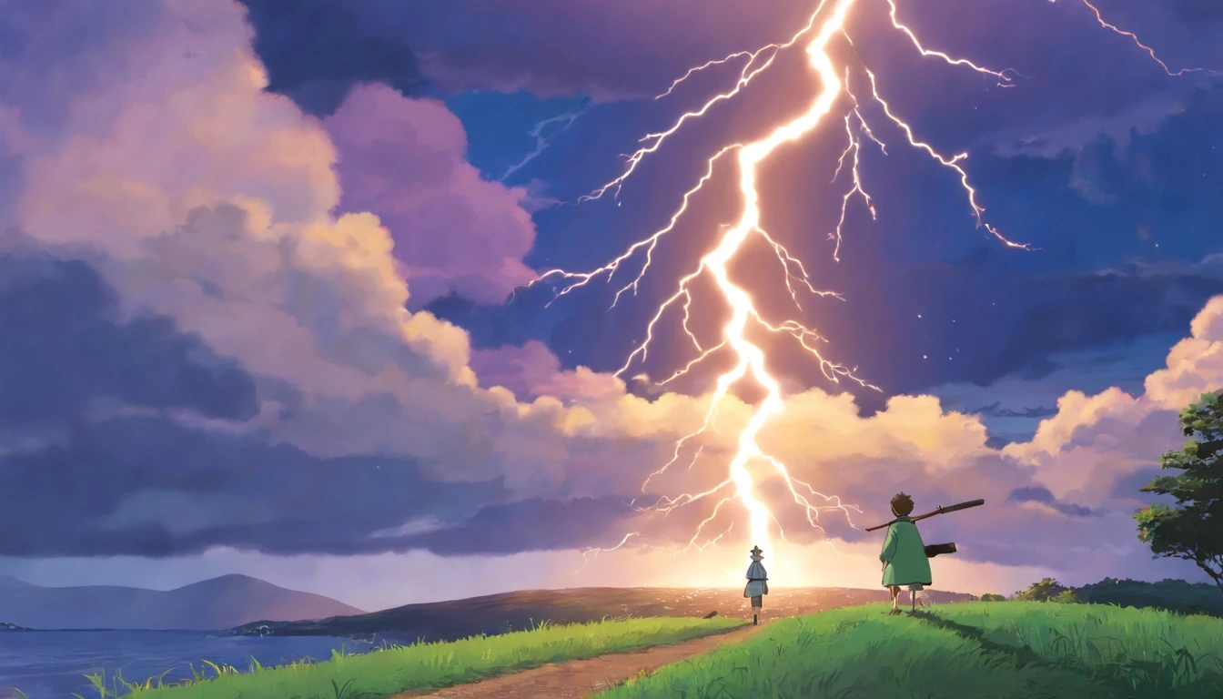 anime style, white-haired man, looking up at the sky, on top of a mountain peak, with a backdrop of a thunderstorm with lightning, wearing black clothes, seen from the back.

(best quality, ultra-detailed, photorealistic:1.37), vibrant colors, vibrant lighting, incredible detail on the character's white hair, dramatic cloud formations, dynamic lightning effects, captivating atmosphere with dark hues, mystical aura surrounding the character's silhouette.