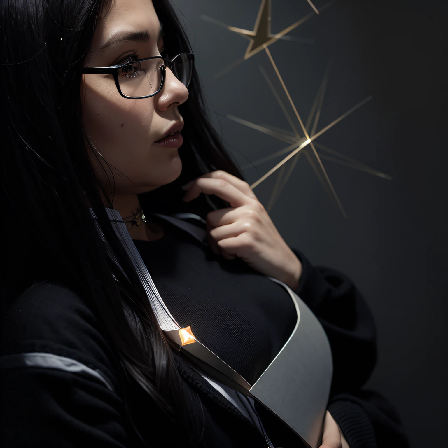 There's a woman with glasses holding a book in her hand, cabelo negro, imagem de perfil, 7-pointed star tattoo on arm, Foto de perfil, 18 anos, goth girl