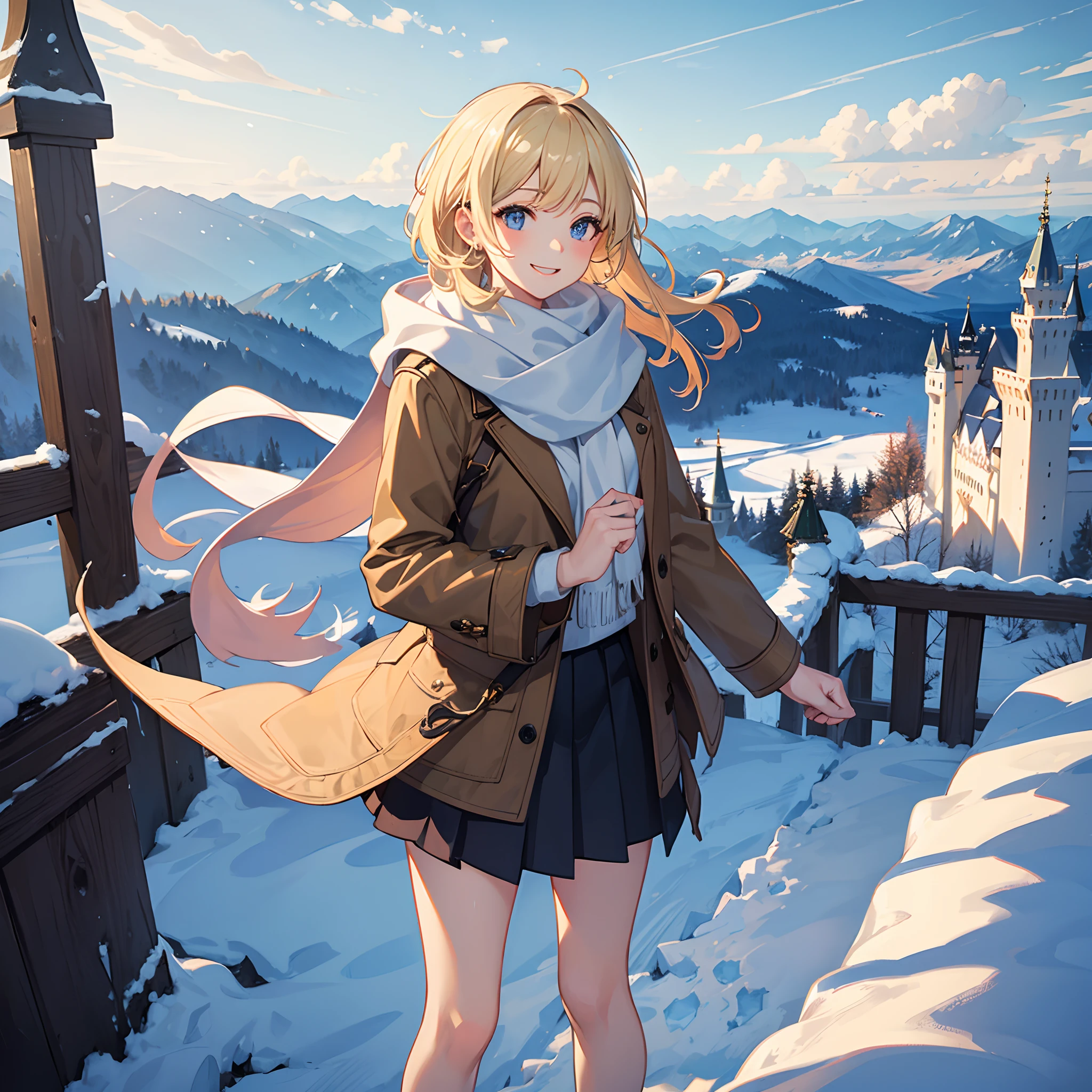 Masterpiece, 1 girl, smiling, european, winter coat, scarf, skirt, (small) chillerism, short blonde hair, Neuschwanstein Castle
