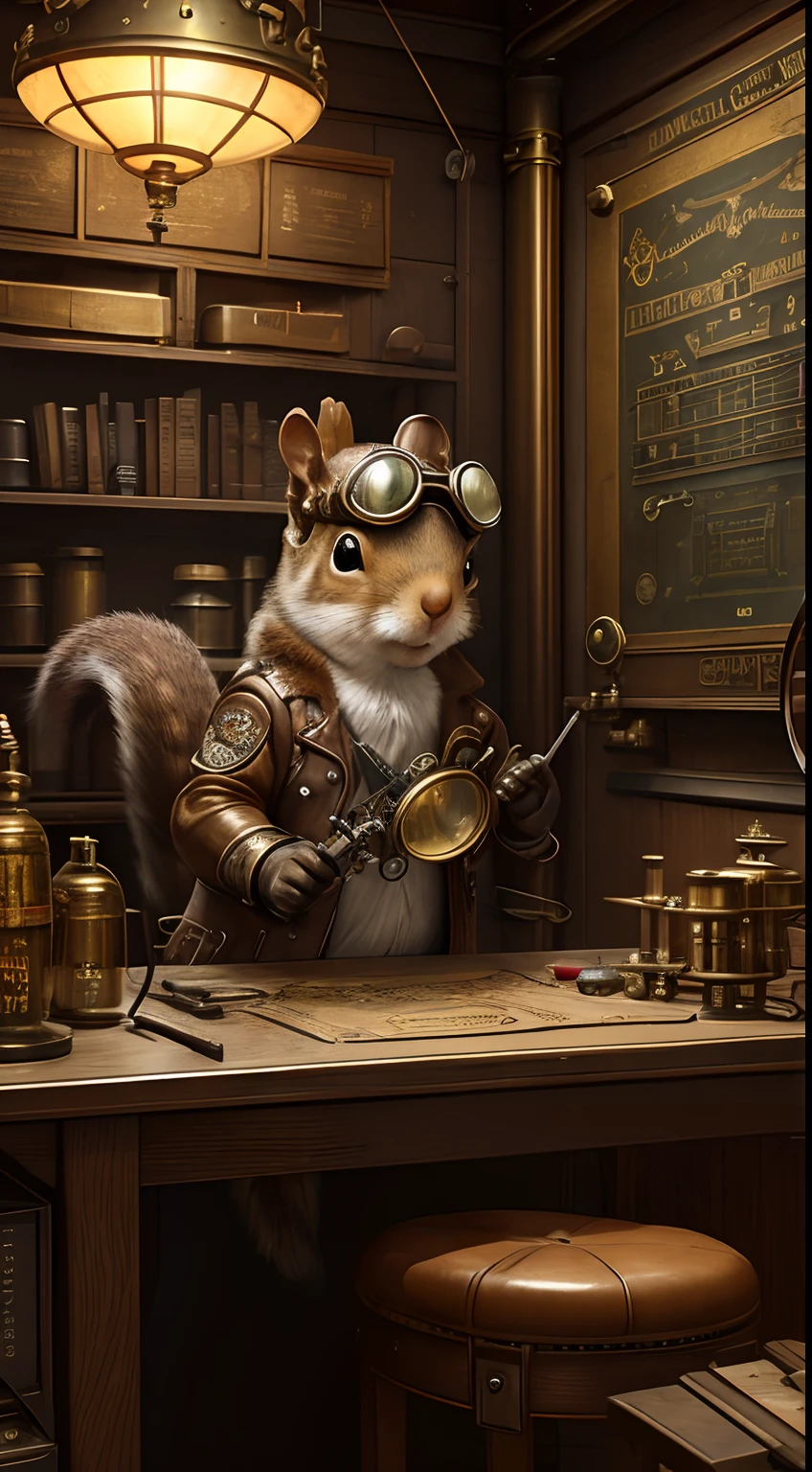 (masterpiece), a cute squirrel with goggles on a experiment room, steam punk style, golden details, leather clothes, cg render, animal, 4k,, asthetic, cute, artistic, creative, intricate room,gears, experiment, genius, science, magical atmosphere, good vibes