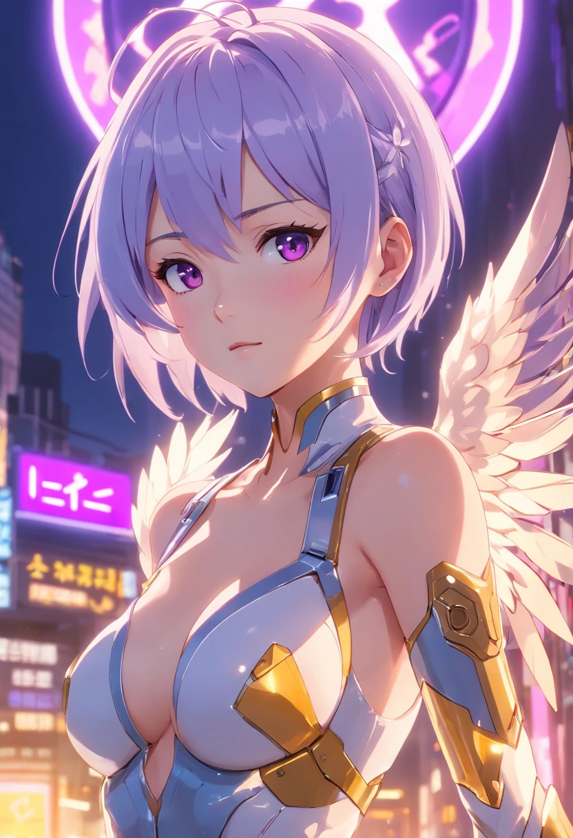 top-quality、​masterpiece、超A high resolution、(Photorealsitic:1.4)、Raw photo、Battle Cyborg Angel、large wings made of metal、White porcelain body、Acrylic Clear Cover、white hair、glowy skin、1 Cyborg Girl、((super realistic details))、portlate、globalillumination、Shadow、octan render、8K、ultrasharp、character edge light,Colossal tits、Raw skin is exposed in cleavage、Details of complex ornaments、More about Rome、Hydraulic cylinder、Small LED lamp、highly intricate detail、Realistic light、a purple eye、radiant eyes、Facing the camera、neon details、cowboy shot、Futuristic headgear、About Cyberpunk