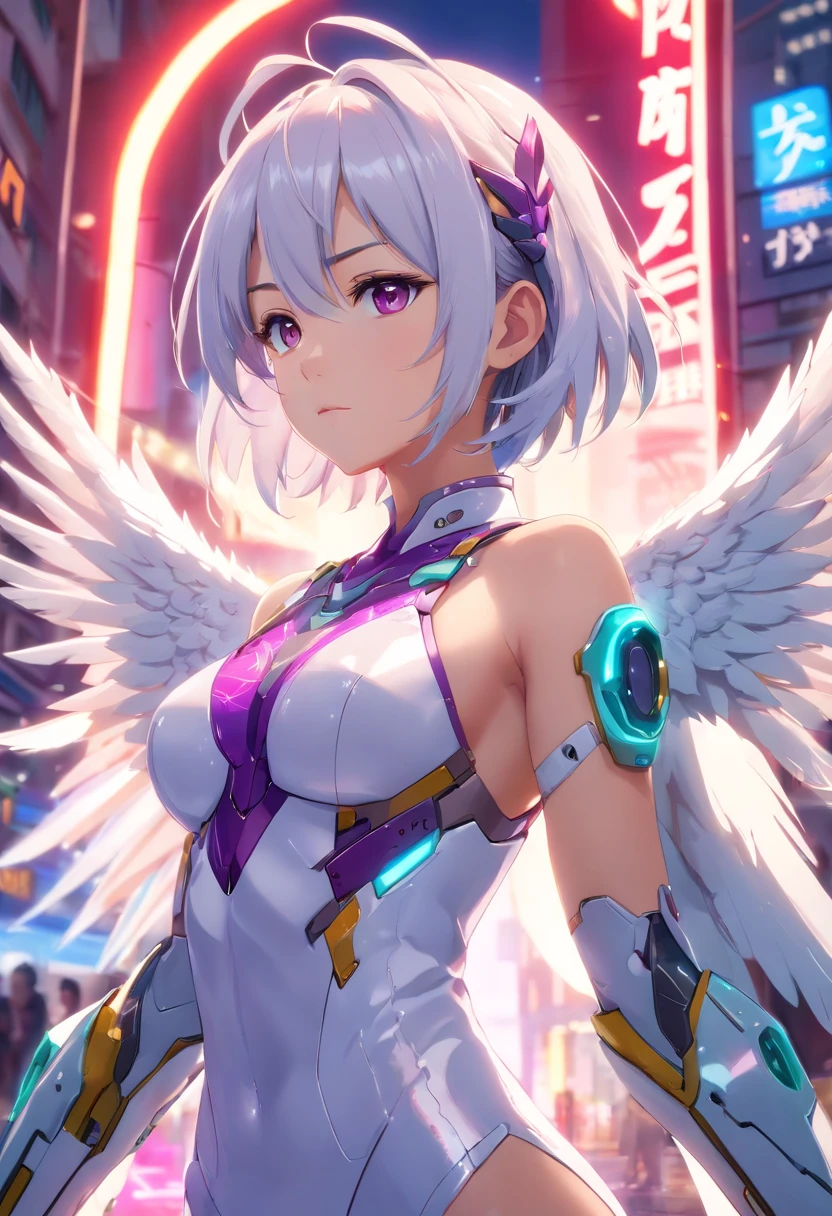 top-quality、​masterpiece、超A high resolution、(Photorealsitic:1.4)、Raw photo、Battle Cyborg Angel、large wings made of metal、White porcelain body、Acrylic Clear Cover、white hair、glowy skin、1 Cyborg Girl、((super realistic details))、portlate、globalillumination、Shadow、octan render、8K、ultrasharp、character edge light,Colossal tits、Raw skin is exposed in cleavage、Details of complex ornaments、More about Rome、Hydraulic cylinder、Small LED lamp、highly intricate detail、Realistic light、a purple eye、radiant eyes、Facing the camera、neon details、cowboy shot、Futuristic headgear、About Cyberpunk