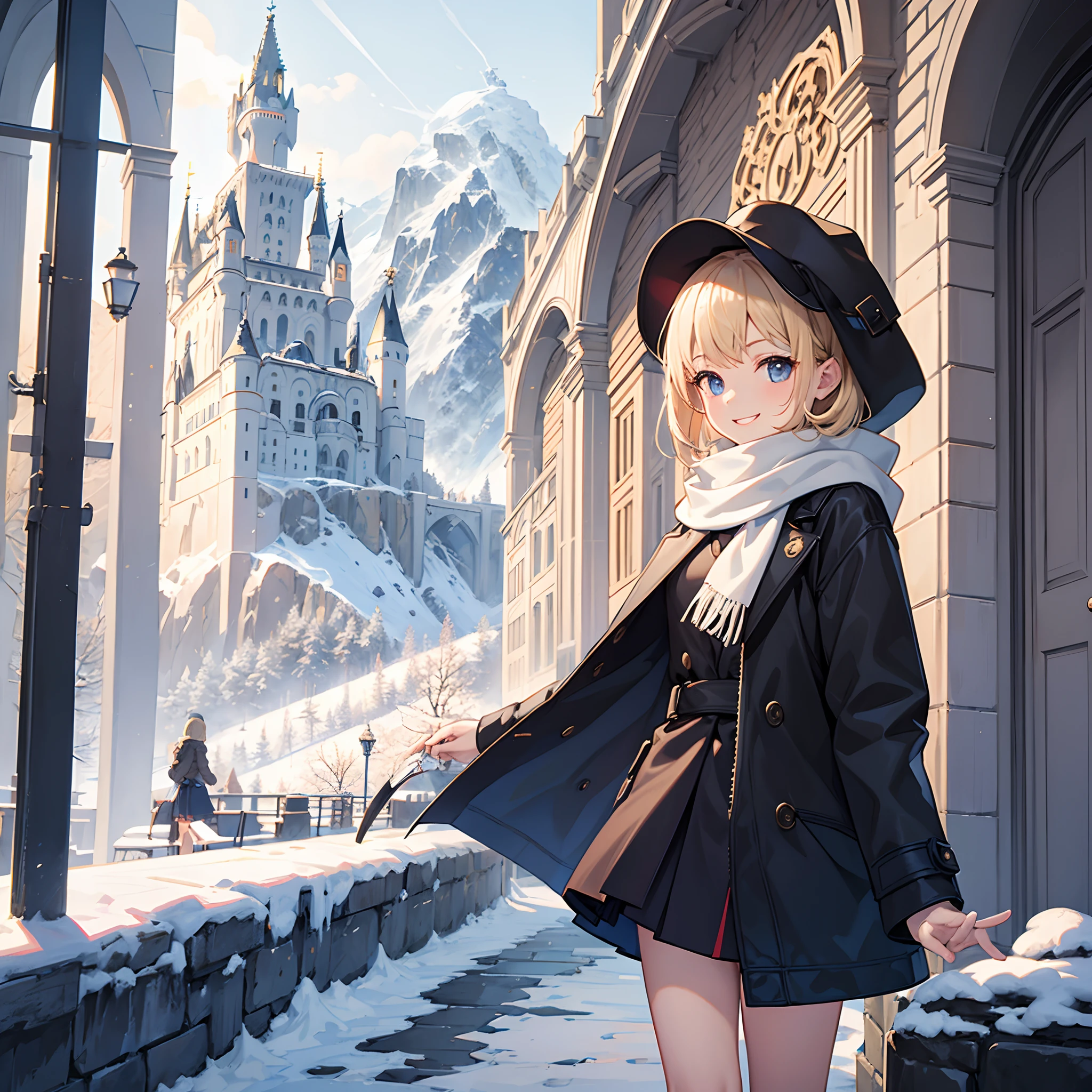 Masterpiece, 1 girl, smiling, european, winter coat, scarf, skirt, (small) chillerism, short blonde hair, Neuschwanstein Castle