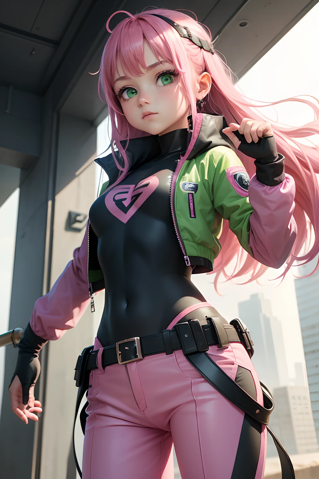 girl, pink hair color, with hero pose, 8k, long hair detailed, bright green eye color detailed, beautiful, long pants with jacket, (chest 1.75)