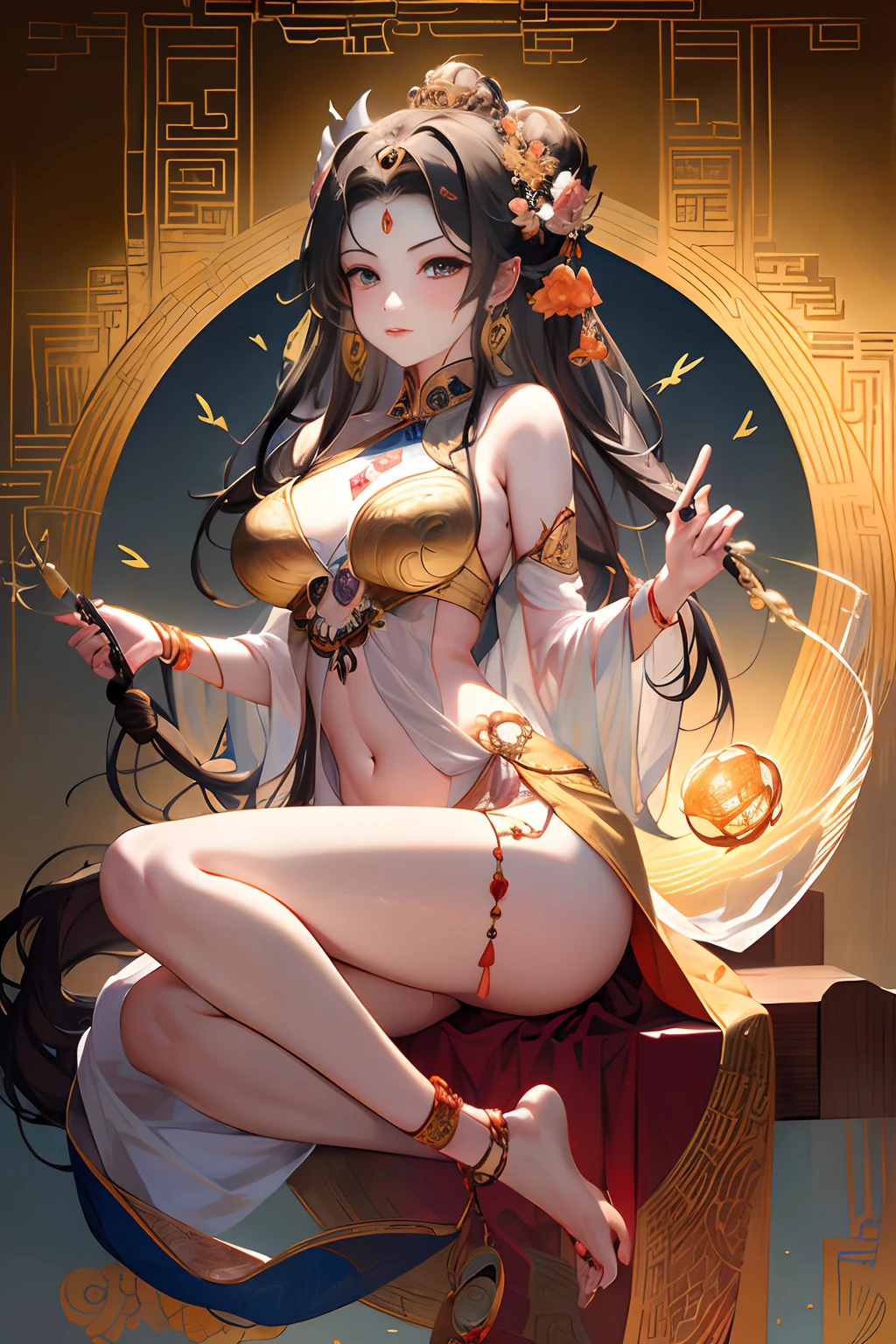 ancient chinese goddess, guanyin of the southern seas, guanyin, Inspired by India, Avalokiteşvara rides in Phoenix,,serene expressions,shui mo hua,Buddha,budista,lotuses,chinese painting style,Thangka style