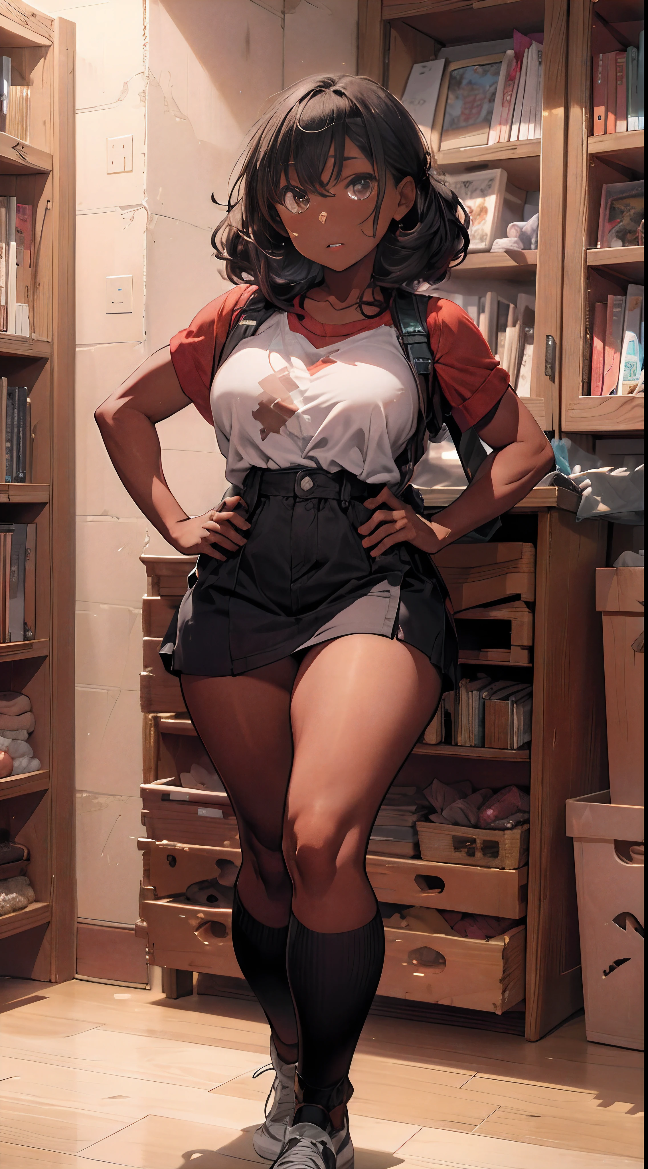 (((dark-skinned))), (bookworm, 25-year-old Mahagony-skinned,  darkskin statuesque oblong-shaped face,vivacious black eyes, prominently narrowed convex hooked nose, hourglass physique,thick, alluring, large breasts, large butt, heart hips, long, toned legs, messy pixie bun, glasses,  sweater dress, high definition, 96k, fullbody, risky, vivd,Graffiti graphic novel, digital masterpiece,) (sultry and strong,beautiful, toned, Golden Ratio physique ((mystifying Ultra Detailed Iris,))  Extremely Detailed Body and Wide Hips. The character should have intricately accurate facial and physical structure* intricately realistic expression and emotion* accurate colored complexion* accurate clothing design* complex hairstyles* and intricate character detail. Human realistic features) ::10  (, sensual energetic atomsphere, perfect prompt, perfect prose, Unreal Engine 5, Cinema, Ultra wide angle, Depth of field, Hyper detail, Fine details, Fabric texture, erotica,, Depth of field, Tilt blur, white balance, 64k , super resolution, megapixel, VR, single, good, ambient light, half light, backlight, natural light, incandescent light, optical fiber, dark light, cinematic light, studio light, soft light, ambient light, contrast light, beautiful light, accent light, general lighting, screen space general illumination, ray traced global illumination, optics, diffuse , Glow, Shadows, Rough, Glow, Raytraced Reflections, Clearance Reflections, Screen Space Reflections, Diffractive Gradation, Chromatic Aberration, GB ent Offset, Sweep Lines, Ray Tracing, Ambient Light Occlusion,Anti-Aliasing, FKAA, TXAA, RTX, SSAO, MSAAx4, shaders, OpenGL shaders, GLSL shaders, post-processing, post-processing, cell shading, tone mapping, CG, visual effects, sound effects, incredibly detailed and complex, hyper-maximal, elegant, hyper-realistic, super-detailed, dynamic pose)))