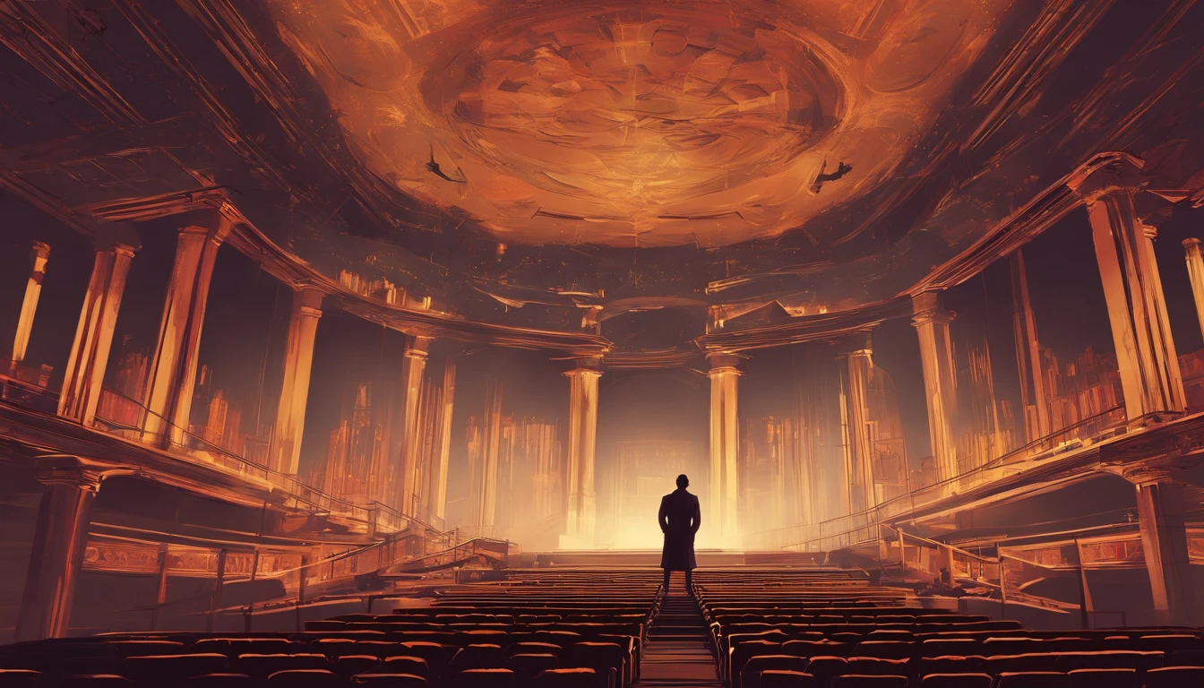 imagem realista  e em 8k de um homem desesperado num palco de teatro