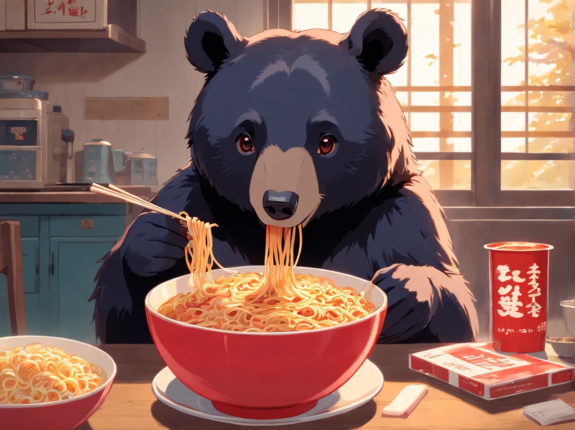 a picture of a black bear eating instant noodles, in the style of mid-century illustration, symbolic figurative landscapes, light red and silver, vintage poster design, organic art nouveau, saturated pigment pools, woodcut