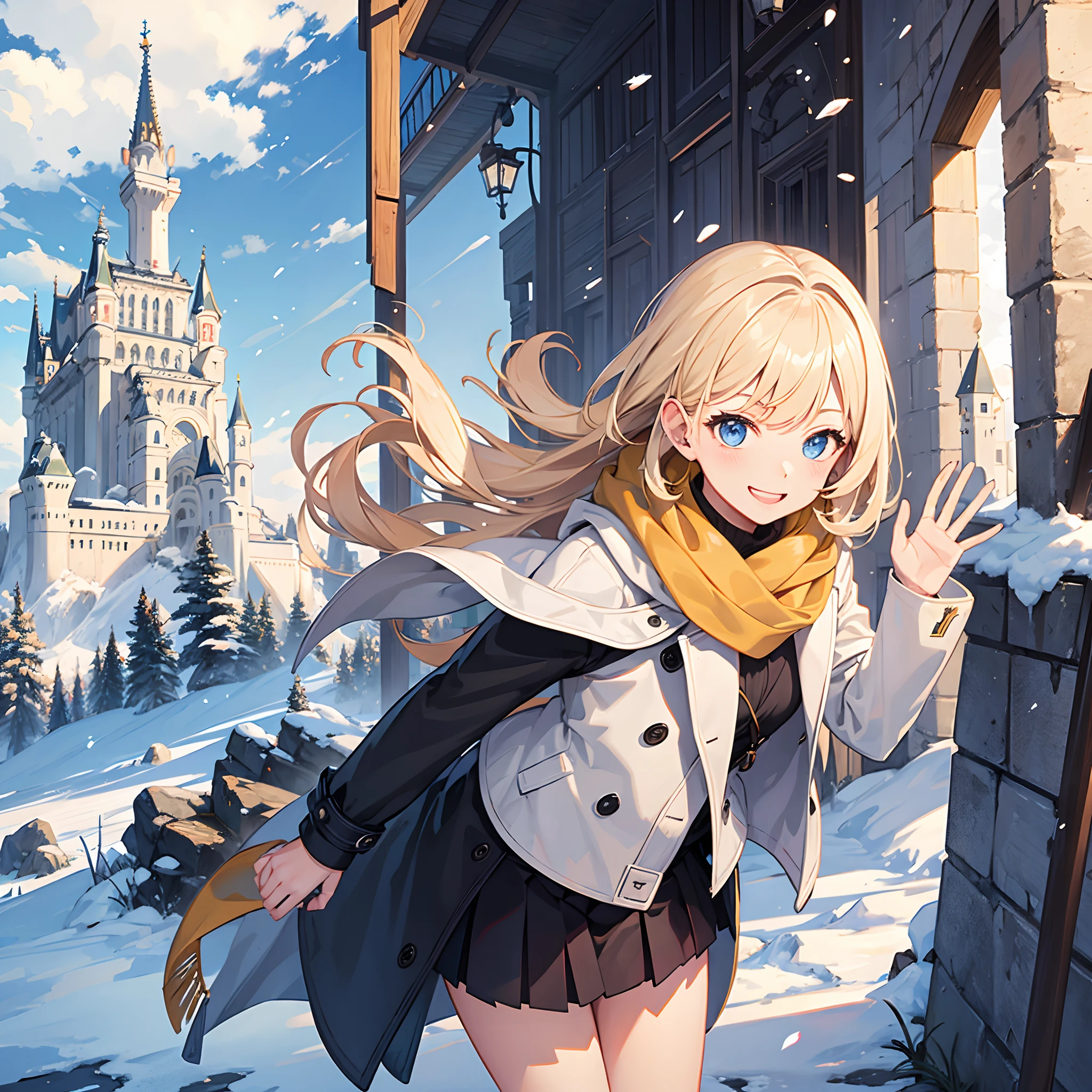 Masterpiece, 1 girl, smiling, european, winter coat, scarf, skirt, (small) chillerism, short blonde hair, Neuschwanstein Castle