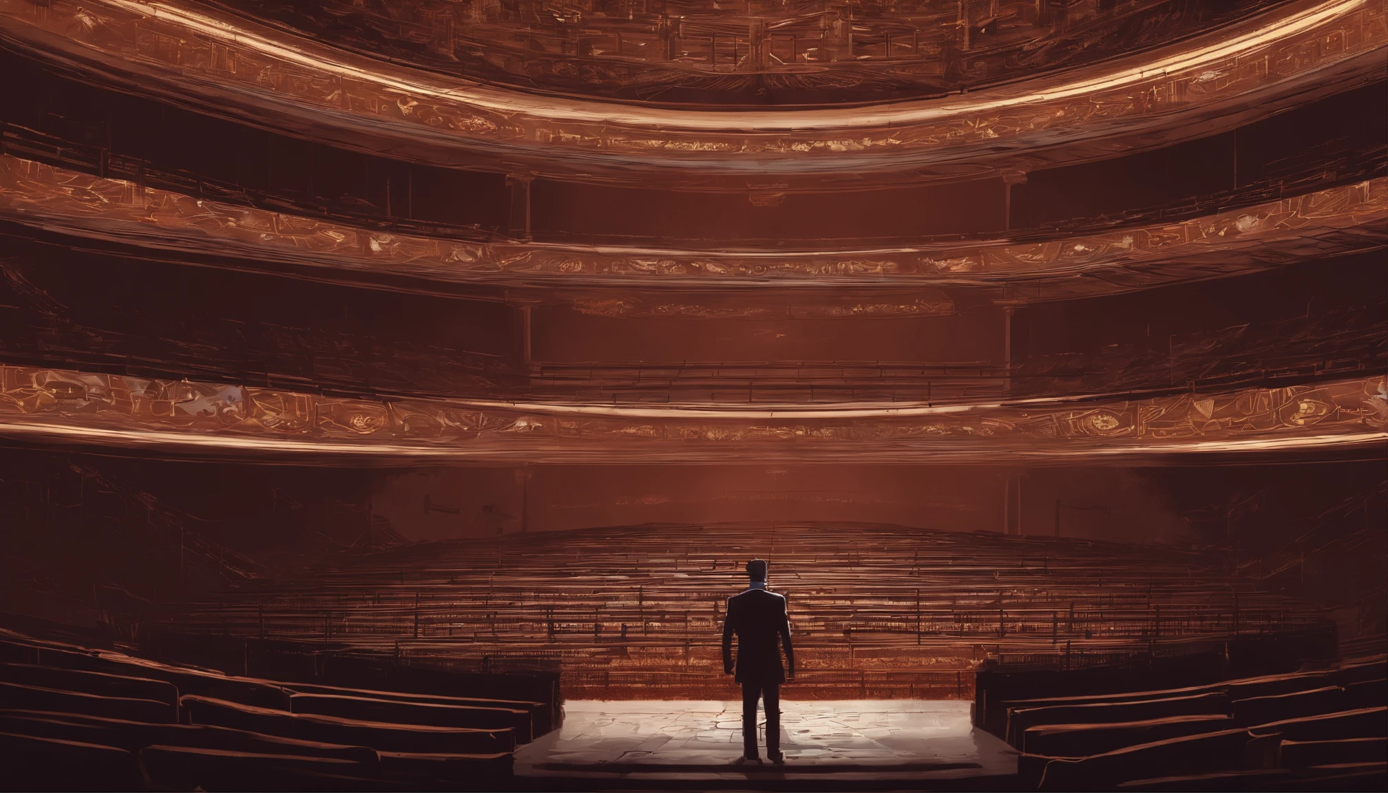 imagem realista  e em 8k de um homem desesperado num palco de teatro