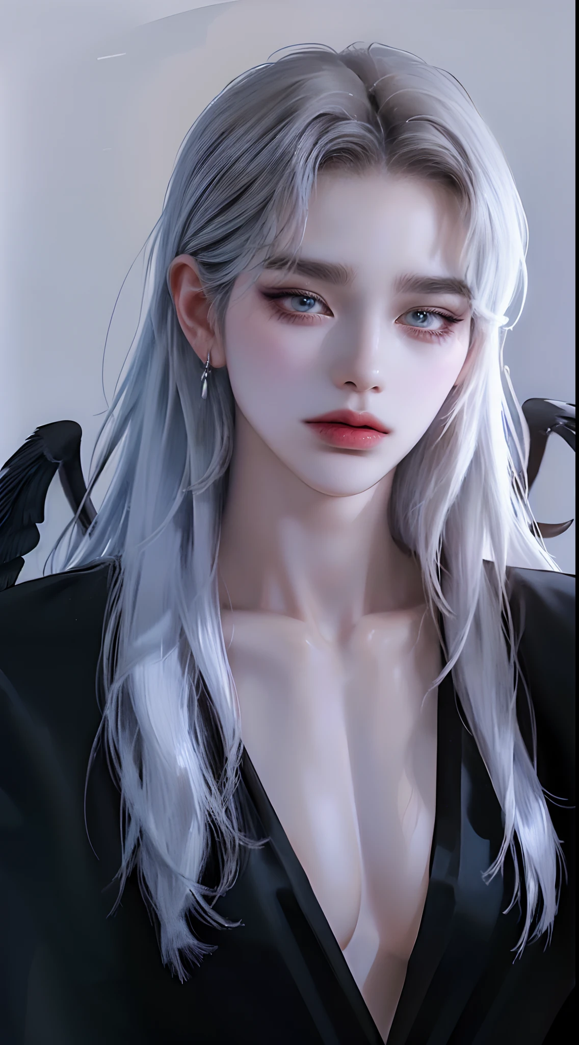 ((4K works))、masterpiece、(top-quality)、((high-level image quality))、((one beautiful women))、Slim body、((Black Y Shirt Fashion))、(Detailed beautiful eyes)、Fantastic city background、((Face similar to Chaewon in Ruseraphim))、((Bob Hairstyles))、((bright silver hair))、((Smaller face))、((Neutral face))、((Light blue eyes))、((Korean Women))、((18year old))、((Wild Lady))、((Glaring at him with a savage look))、((Korean makeup with black eyeshadow))、((elongated and sharp eyes))、((Shot alone))、((Fallen Angel))、((Fallen Angel Woman))、Photos of fallen angels、Villain、((amazing photo))、Photographed so that the whole body can be seen、horor