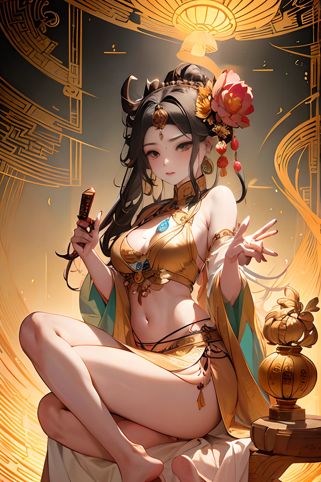 ancient chinese goddess, guanyin of the southern seas, guanyin, Inspired by India, Avalokiteşvara rides in Phoenix,,serene expressions,shui mo hua,Buddha,budista,lotuses,chinese painting style,Thangka style