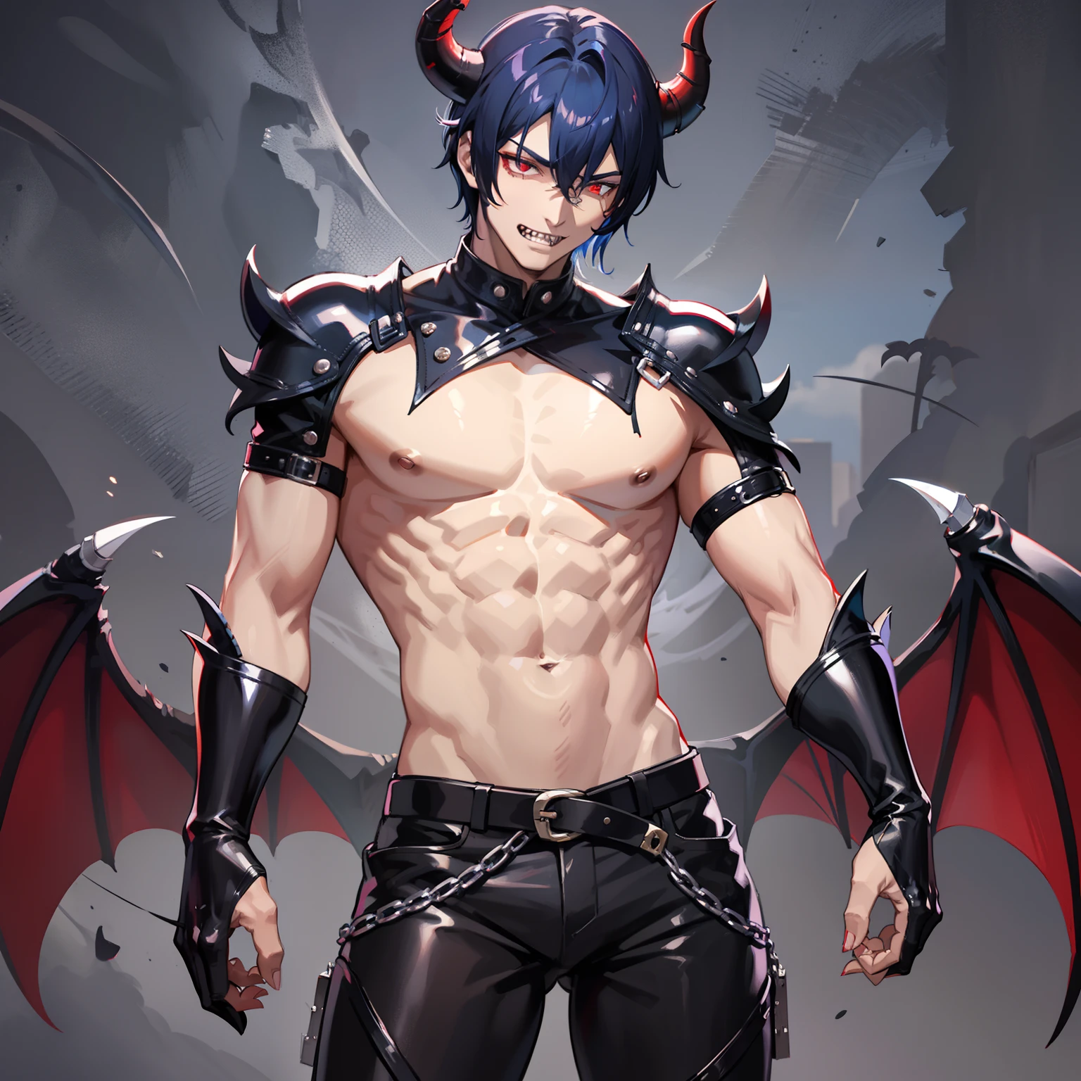 Handsome man, red eyes, stern look, dark brown skin, handsome male, sitting on throne, long sleeve shirt, purple hair, short hair, detailed body, detailed hands, bulge in pants, arrogant expression, looking straight, black shirt, nighfall, ear piercings, black pajamas, horns, masculine, pointy ears, dark room, short hair