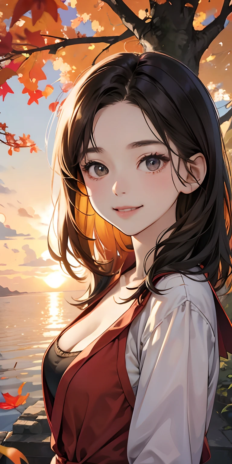 realisticlying、10 years old female child、Outdoor Fashion、Gingko tree、Beautiful autumn leaves、Slightly larger breasts with an emphasis on cleavage、Versatile sexy poses、The sky turns red at sunset、Face smile