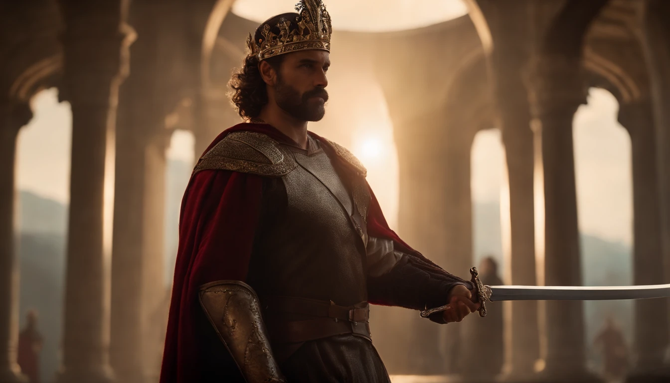 "A man with a crown on his head and a sword in his hand, em um ambiente majestoso e iluminado, in a sophisticated and detailed artistic style, com um cabelo ruivo, vermelho, barba vermelha." o fundo da imagem no campo