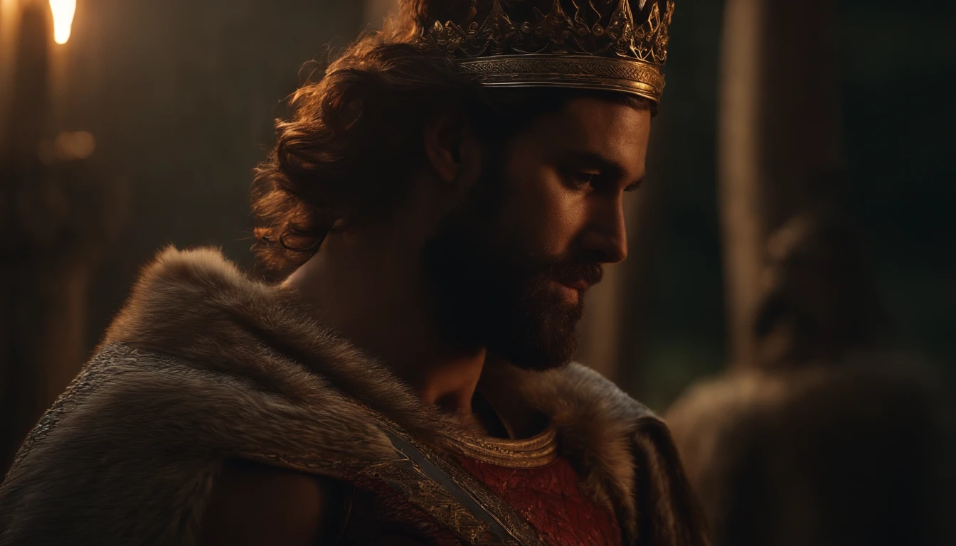 "A man with a crown on his head and a sword in his hand, em um ambiente majestoso e iluminado, in a sophisticated and detailed artistic style, com um cabelo ruivo, vermelho, barba vermelha." o fundo da imagem no campo