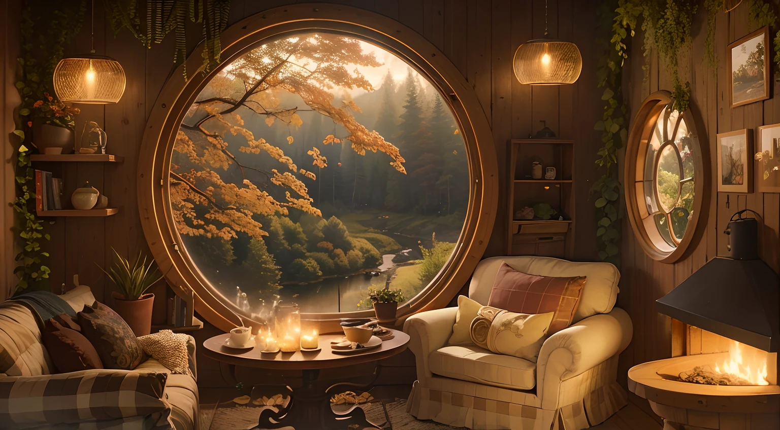 there is a living room with a large window and a couch, cosy enchanted scene, cozy place, cozy living room background, cozy home background, cozy and peaceful atmosphere, thomas kinkade. forest room, relaxing environment, warm beautiful scene, cozy environment, soothing and cozy landscape, cozy setting, cozy atmospheric, all in the amazing outdoors view, large round window, cozy atmosphere