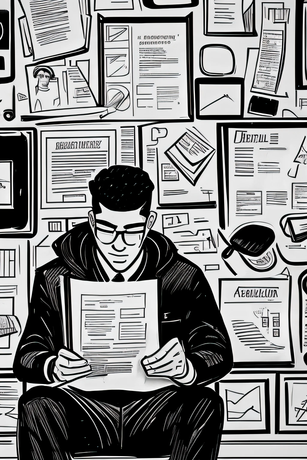 Draw a 23-year-old man who is Brazilian in black and white cartoon format and show him sitting on the bus, with a worried expression, Holding a paper with notes and a pen in hand, Trying to find solutions to improve your academic performance