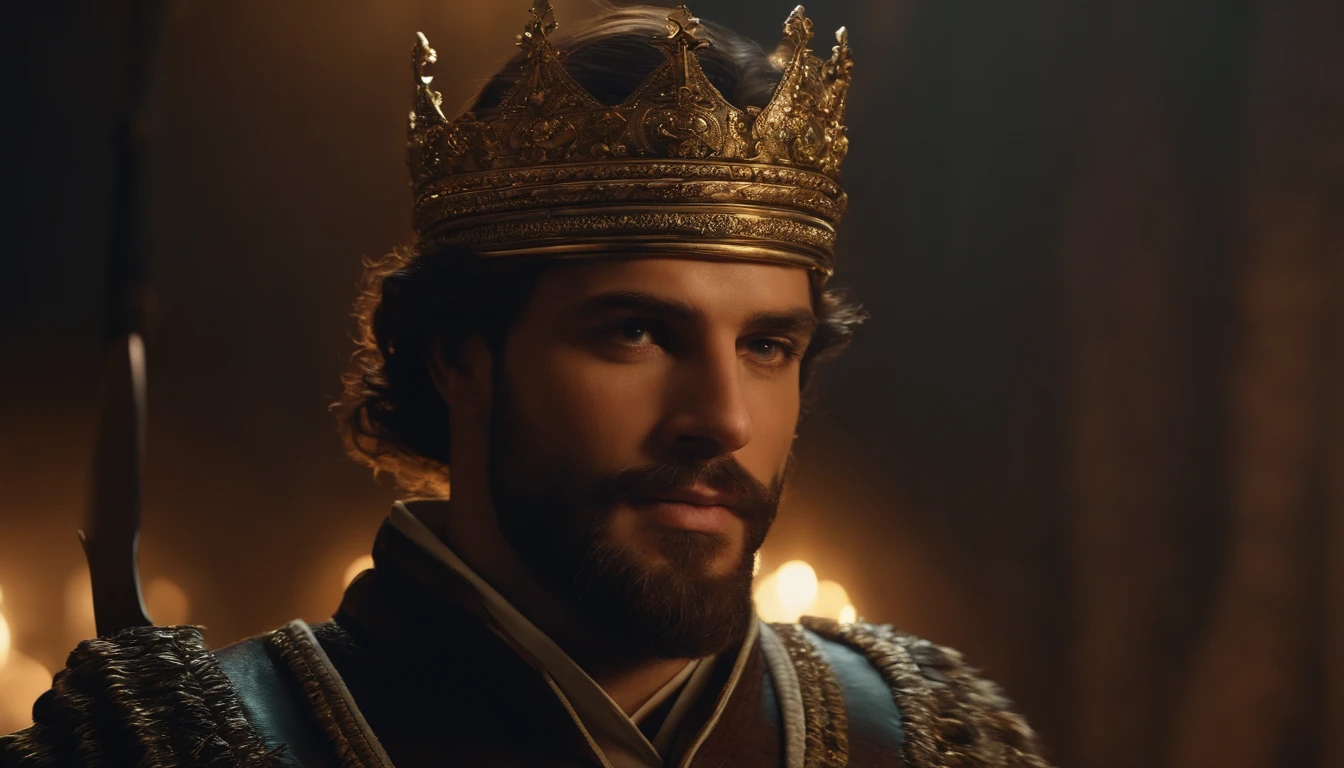 "A man with a crown on his head and a sword in his hand, em um ambiente majestoso e iluminado, in a sophisticated and detailed artistic style."