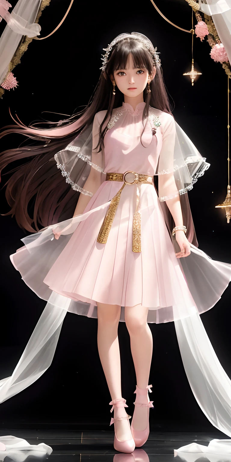 A 17 years old girl, super Long, flowing black hair.
• Gentle facial features with a hint of mystery and confusion in her eyes.
Wearing a (light pink:1.3) and pale white dress, which incorporates subtle gold or silver details.
The dress combines elements of both a pleated skirt and a flat skirt: the center portion of the dress is flat, while the sides have gentle pleats.
She has ((light pink:1.3) Mary Jane shoes) paired with (white lace-trimmed socks)).
Slightly tightened puff sleeves that reflect her calm and reserved nature.
A simple belt around her waist, holding a few small magical tools.
(A translucent, gauzy shawl:1.3)
Simple star-shaped earrings.
Her medieval dress is embroidered with magical symbols or runes.
• Despite her strong magical powers, her overall appearance exudes a sense of understated elegance and gentleness.
