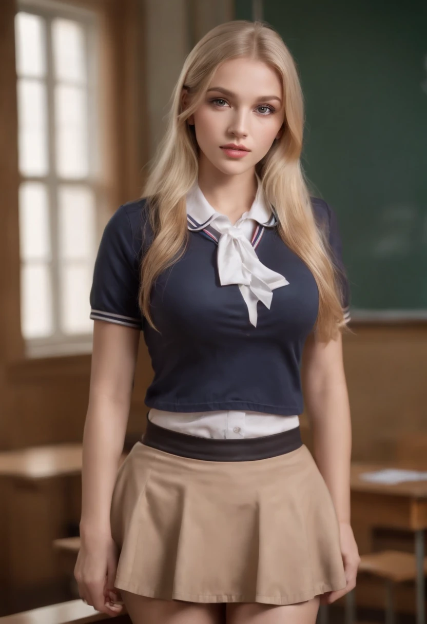 Woman in a classroom, long blond hair, brown eyes, perfect body, wearing a schoolgirl miniskirt, wetlook transparant top, seductive look Photorealistic big breasts, perfect breasts