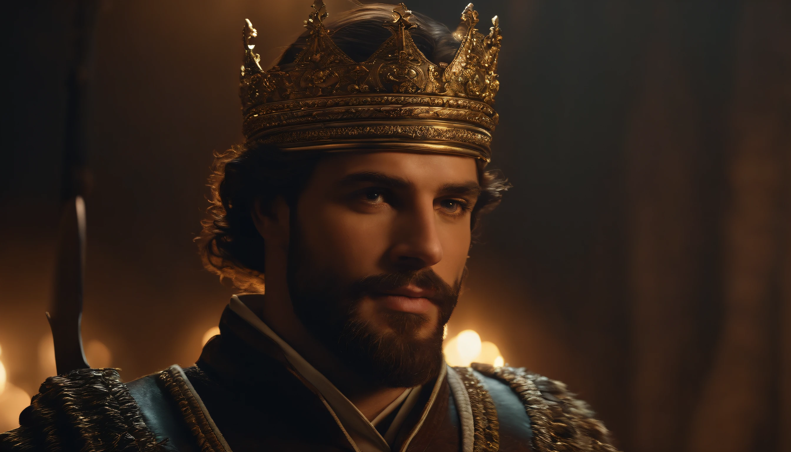 "A man with a crown on his head and a sword in his hand, em um ambiente majestoso e iluminado, in a sophisticated and detailed artistic style."