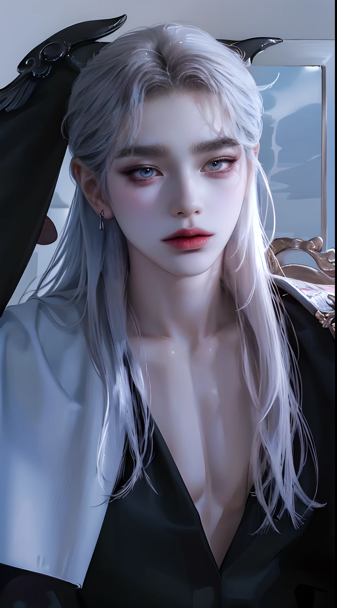 ((4K works))、​masterpiece、（top-quality)、((high-level image quality))、((one beautiful women))、Slim body、((Black Y Shirt Fashion))、(Detailed beautiful eyes)、Fantastic city background、((Face similar to Chaewon in Ruseraphim))、((Bob Hairstyles))、((bright silver hair))、((Smaller face))、((Neutral face))、((Light blue eyes))、((Korean Women))、((18year old))、((Wild Lady))、((Glaring at him with a savage look))、((Korean makeup with black eyeshadow))、((elongated and sharp eyes))、((Shot alone))、((Fallen Angel))、((Fallen Angel Woman))、Photos of fallen angels、Villain、((amazing photo))、Photographed so that the whole body can be seen、horor