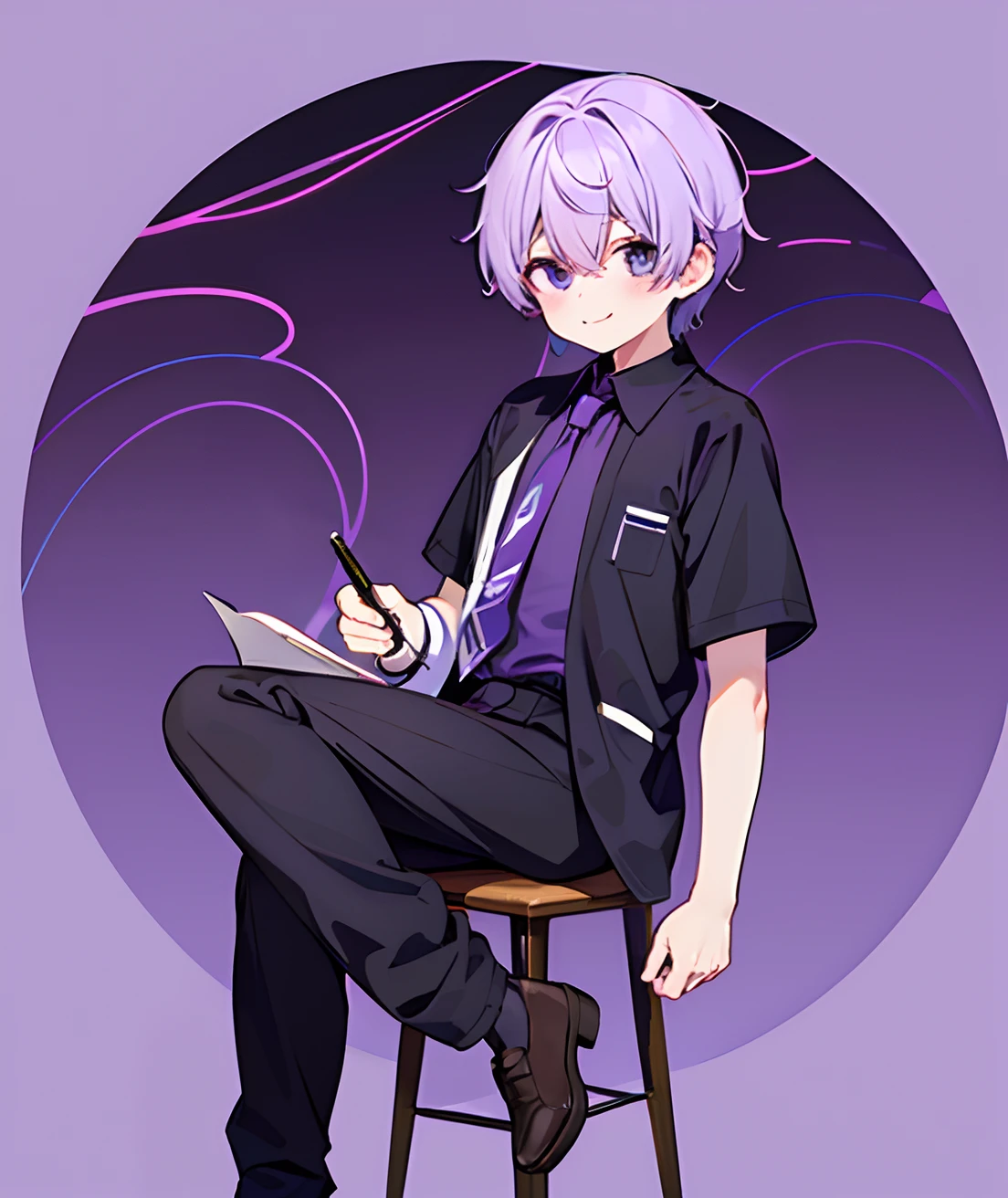 1guy, Handsome man,  Solo、Man with purple hair, Beautiful detailed eyes, beautifull detailed face、Purple eyes、Purple hair、a cool、outer、twinks、Young man with purple hair、Calm、Cool System、Soothing、The best smile、Black shirt、Loose tie、Black under the eyes、Teacher's attire、full body seen、have a pen