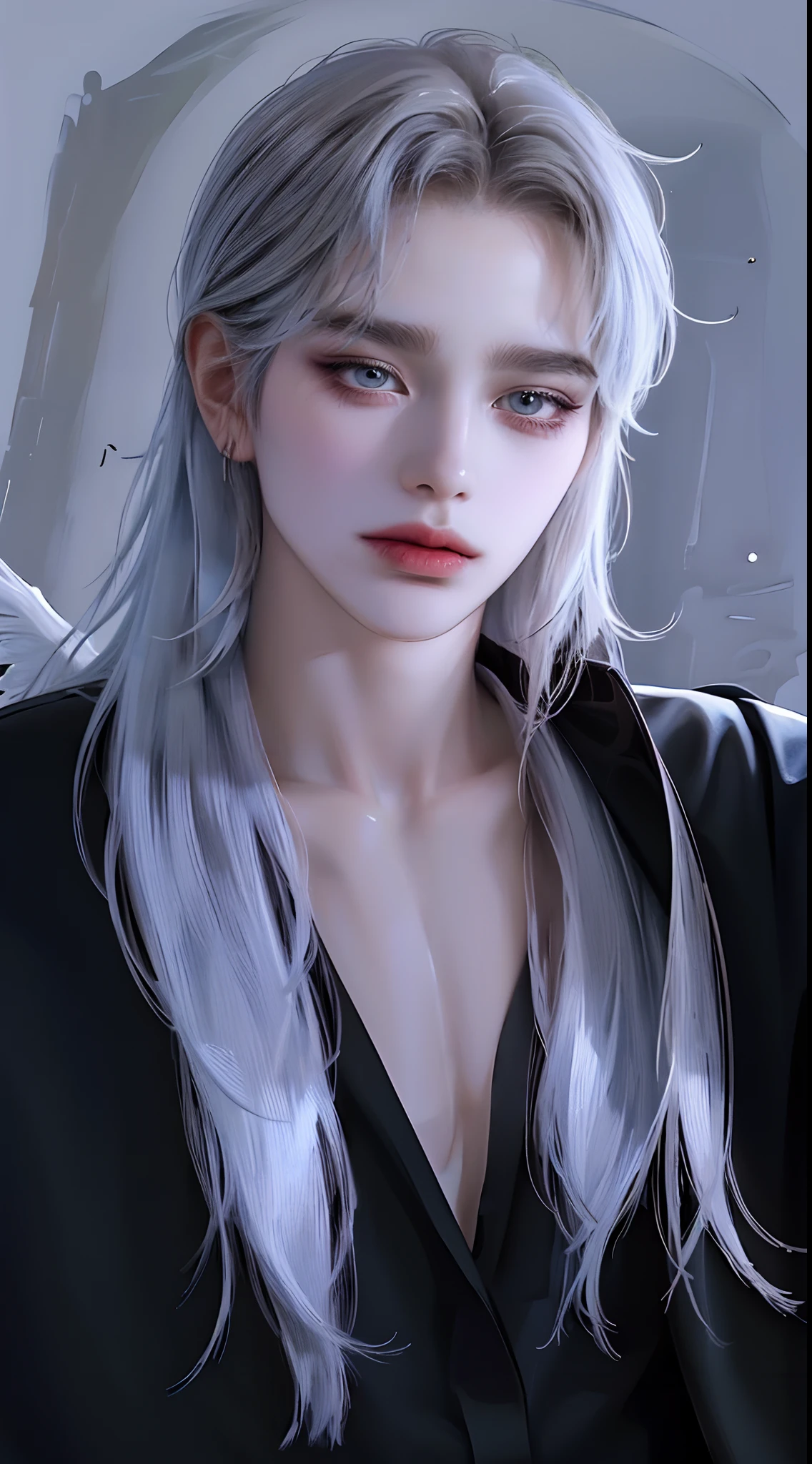 ((4K works))、masterpiece、(top-quality)、((high-level image quality))、((one beautiful women))、Slim body、((Black Y Shirt Fashion))、(Detailed beautiful eyes)、Black background、((Face similar to Chaewon in Ruseraphim))、((length hair))、((bright silver hair))、((Smaller face))、((Neutral face))、((Light blue eyes))、((Korean Women))、((18year old))、((Wild Lady))、((Glaring at him with a savage look))、((Korean makeup with black eyeshadow))、((elongated and sharp eyes))、((Shot alone))、((Fallen Angel))、((Fallen Angel Woman))、Photos of fallen angels、Villain、horor