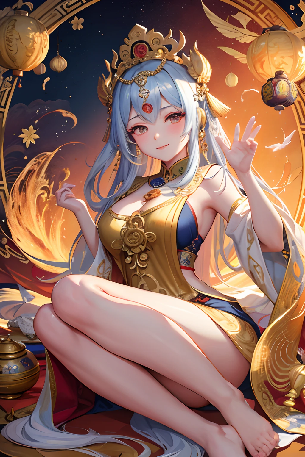 ancient chinese goddess, guanyin of the southern seas, guanyin, Inspired by India, Avalokiteşvara rides in Phoenix,,serene expressions,shui mo hua,Buddha,budista,lotuses,chinese painting style,Thangka style