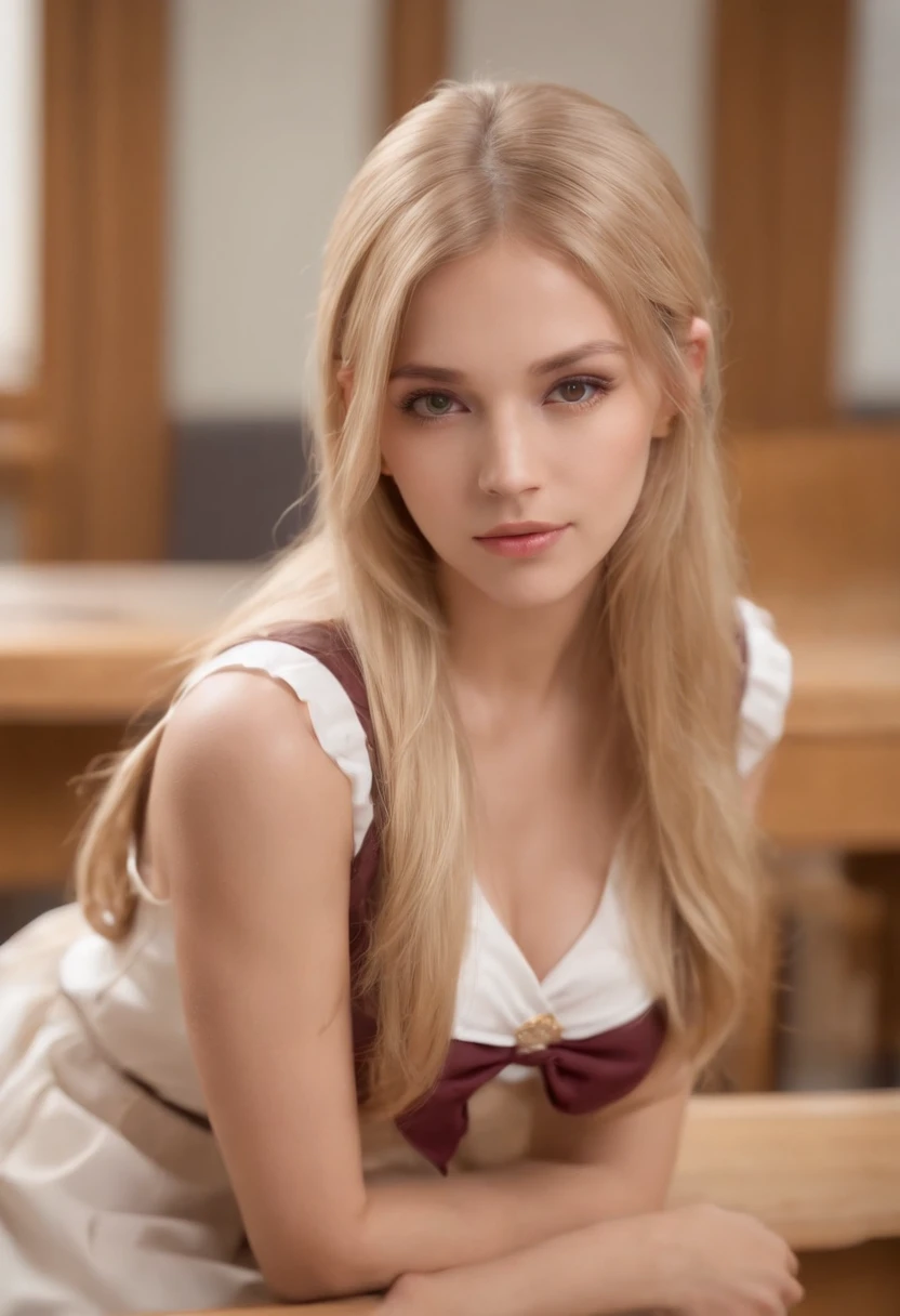 Woman in a classroom, long blond hair, brown eyes, perfect body, wearing a schoolgirl miniskirt, bare upper body, naughty look Photorealistic big breasts, perfect breasts