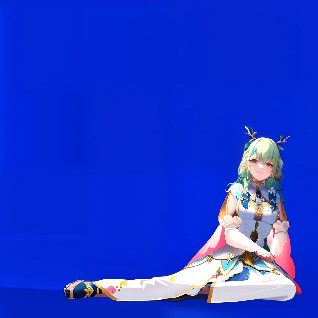 8K, masterpiece, absurdres, intricate details, best quality, perfect anatomy, a woman sitting on a floor with a white background, Ceres Fauna, antlers, FaunaBase, long hair, braided bangs, hair flower, blue dress, wide sleeves, single thighhigh, bridal gauntlets, face looking forward, smiling a little, no shadows, no reflections, hands on the floor