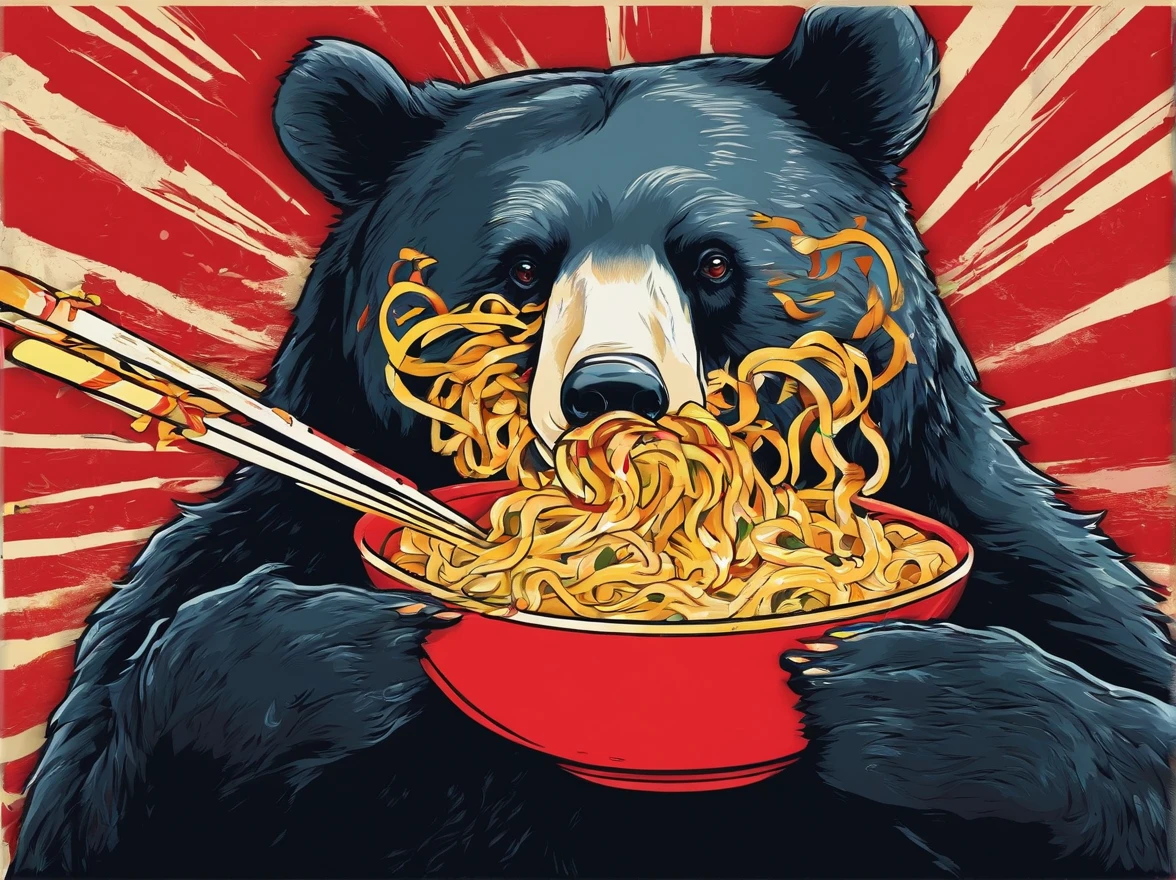 a picture of a black bear eating instant noodles, vintage poster design