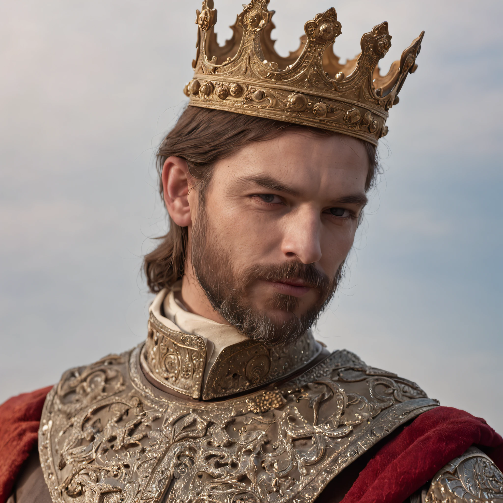 "A man with a crown on his head and a sword in his hand, em um ambiente majestoso e iluminado, in a sophisticated and detailed artistic style."
o fundo da imagem no campo