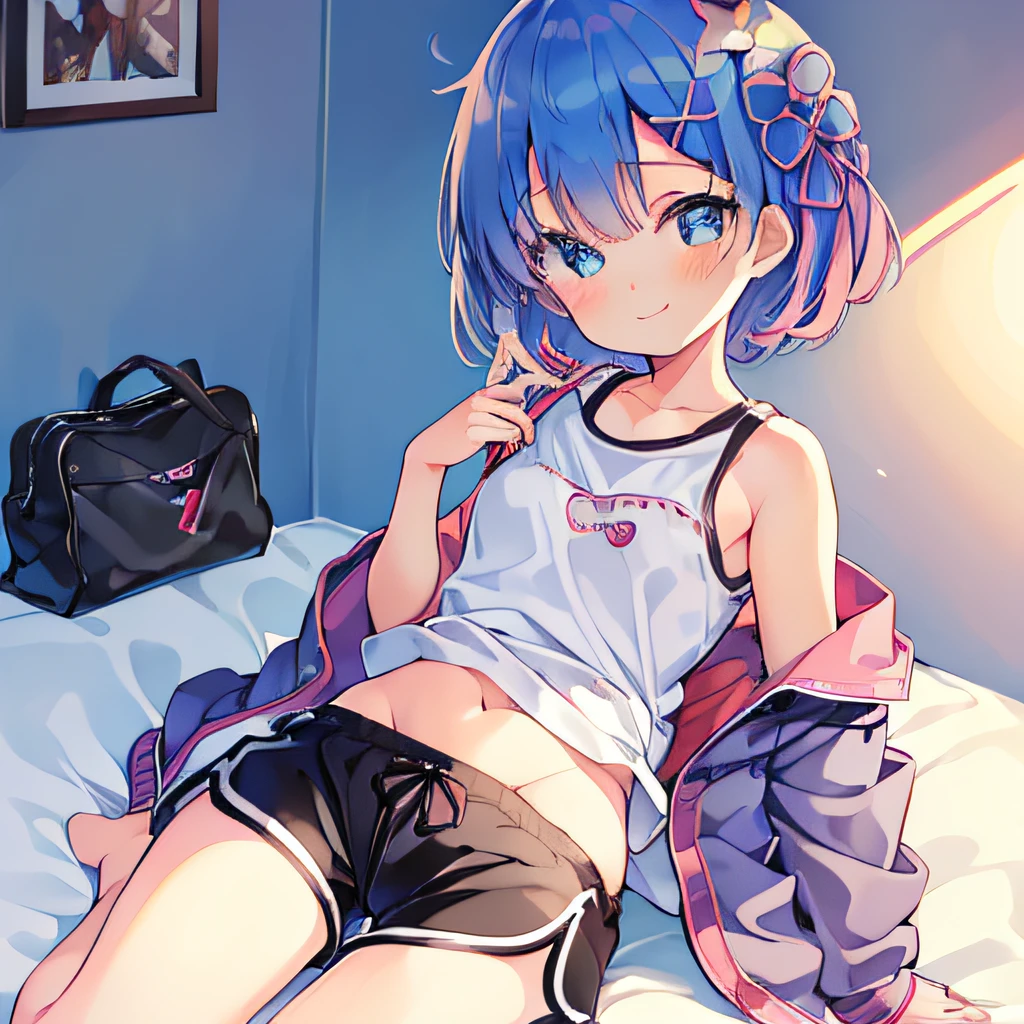 ((masutepiece)), ((Best Quality)), (Ultra-detailed), Anime style, on the bed, Cute ****** girl s, 1girl in, Solo, Gym Shorts 00, ((Beautiful eyes))0, Smile