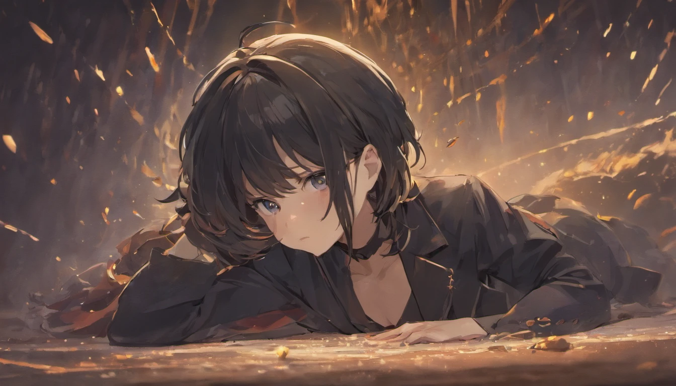 lying down and curled up on your knees, A sad expression,Black short hair,He wears a black jacket over a white shirt with a stand-up collar,