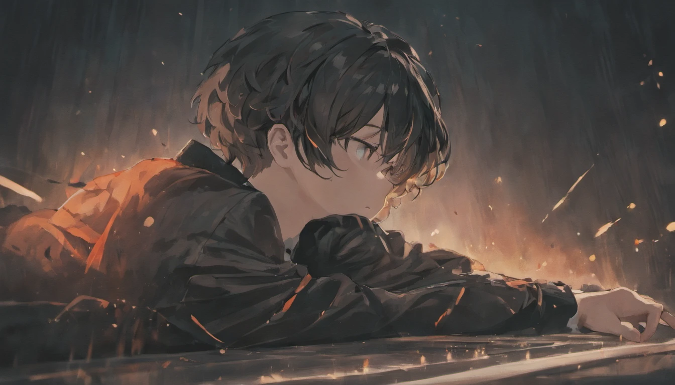 lying down and curled up on your knees, A sad expression,Black short hair,He wears a black jacket over a white shirt with a stand-up collar,