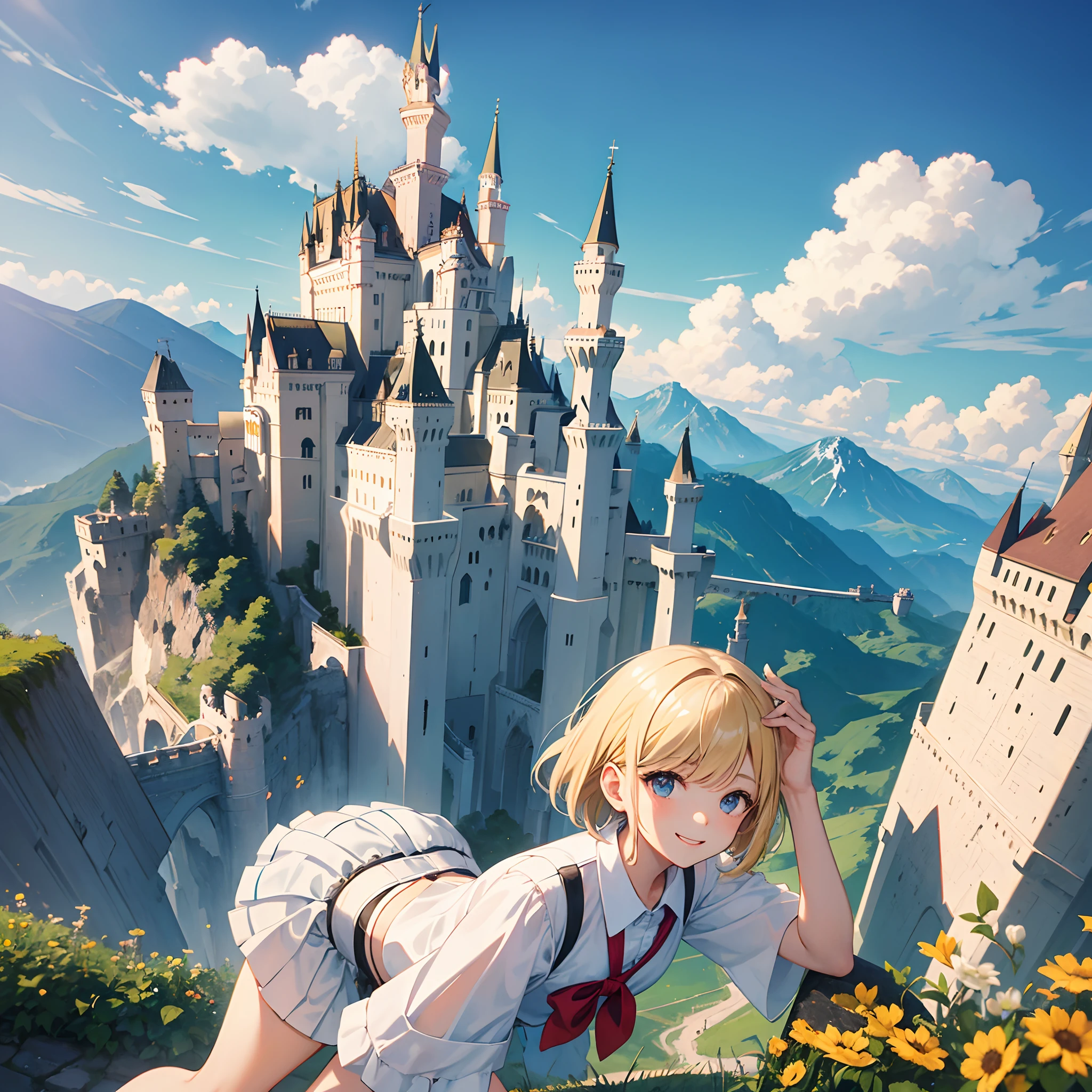 Masterpiece, 1 girl, smiling, european, skirt, (small) chillerism, short blonde hair, Neuschwanstein Castle, summer