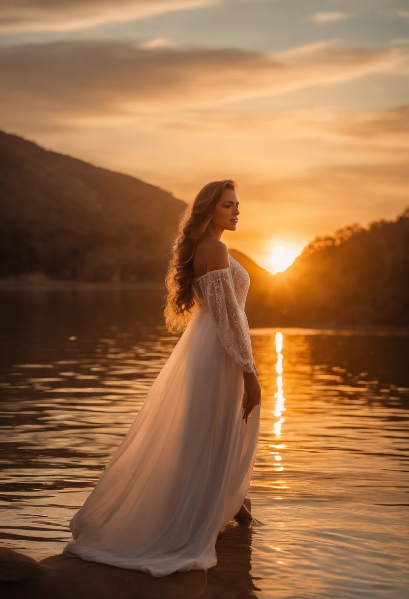 1 girl, serene expression, olhos hipnotizantes, Cabelos longos lisos, Flowing dress, postura equilibrada, Pele de Porcelana, blush sutil, pingente de cristal BREAK golden hour, (Rim lighting):1.2, tons quentes, Brilho solar, sombras suaves, cores vibrantes, painterly effect, dreamy atmosphere BREAK scenic lake, montanhas distantes, Salgueiro, calm water, reflection, nuvens iluminadas pelo sol, ambiente tranquilo, idyllic sunset, ultra detalhado, Arte Oficial, Unity 8k papel de parede , Zentangle, mandala